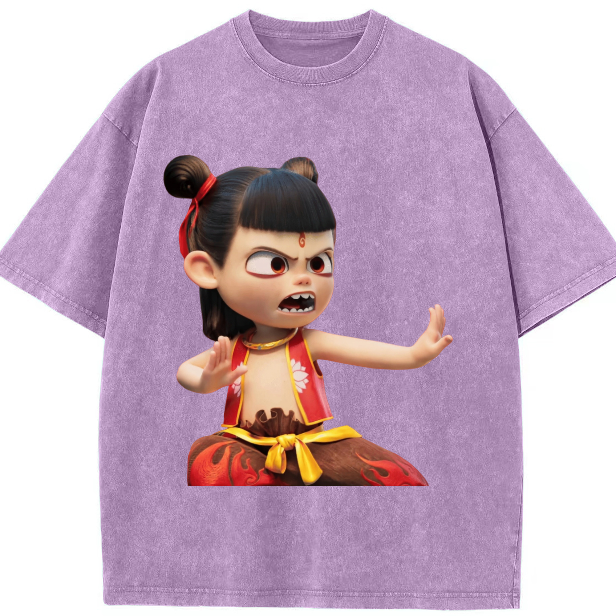 （画像用） Ne Zha 2 ナタ 魔童の大暴れ 綿100% ヴィンテージ風 半袖Tシャツ（フロントプリント）