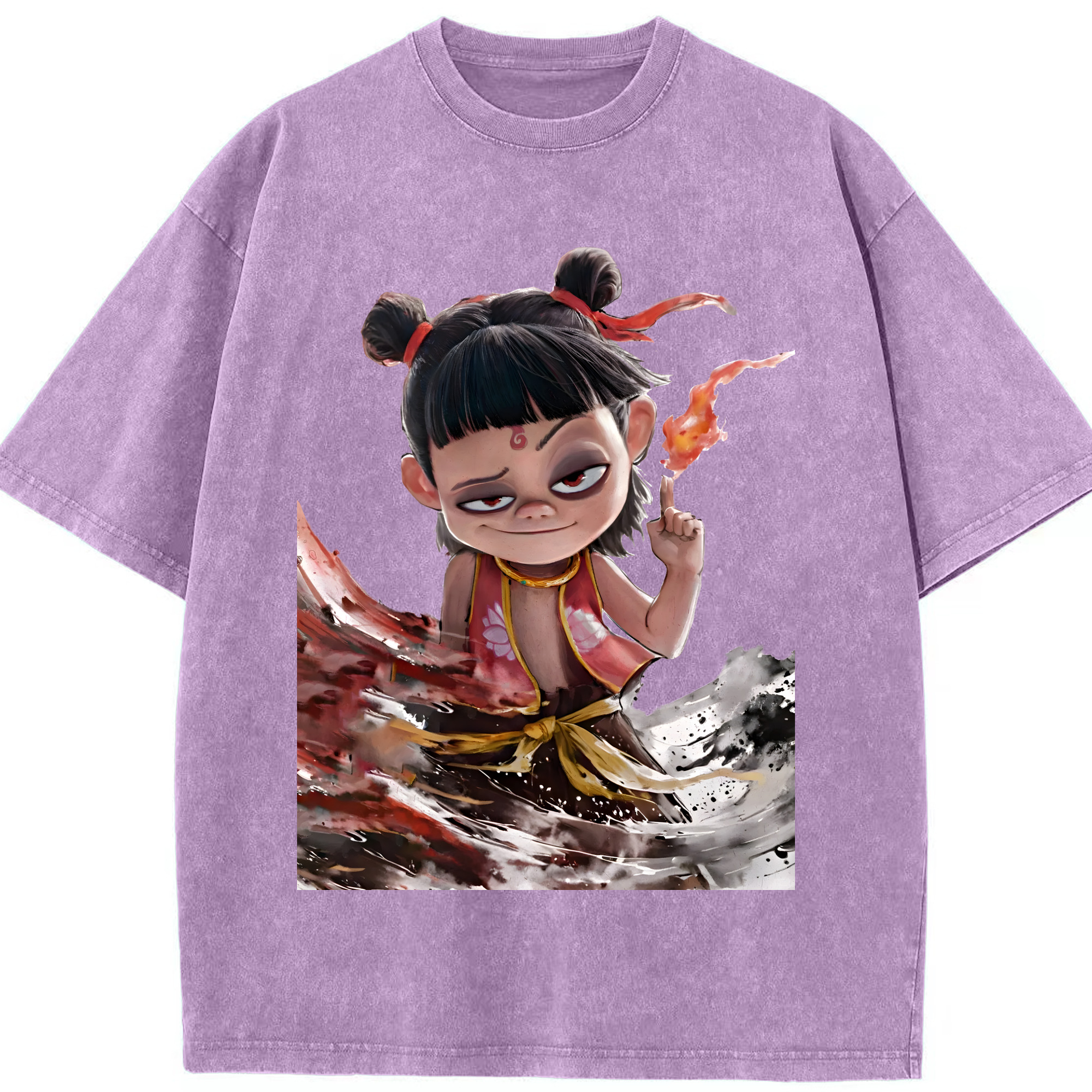 （画像用） Ne Zha 2 ナタ 魔童の大暴れ 綿100% ヴィンテージ風 半袖Tシャツ（フロントプリント）