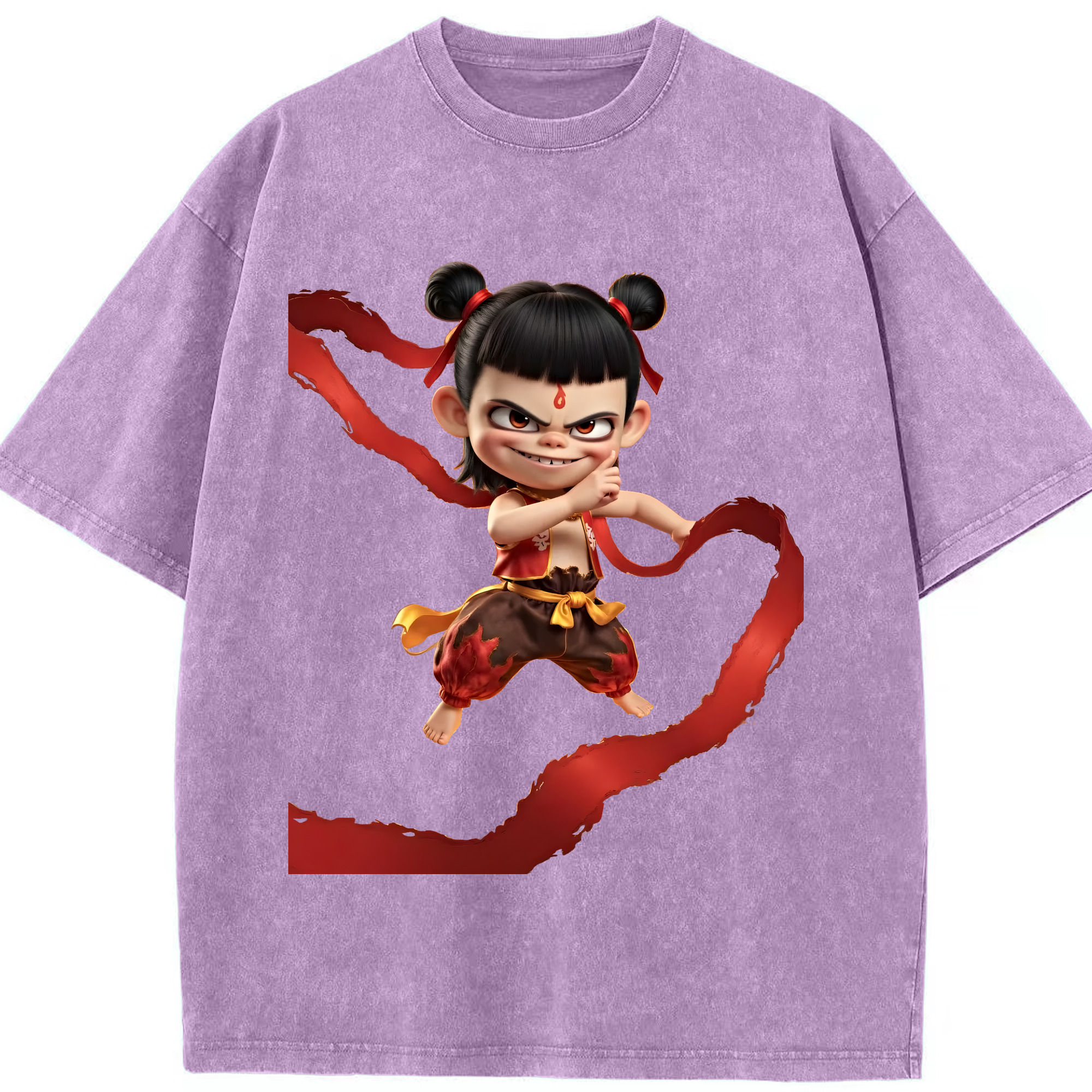 （画像用） Ne Zha 2 ナタ 魔童の大暴れ 綿100% ヴィンテージ風 半袖Tシャツ（フロントプリント）