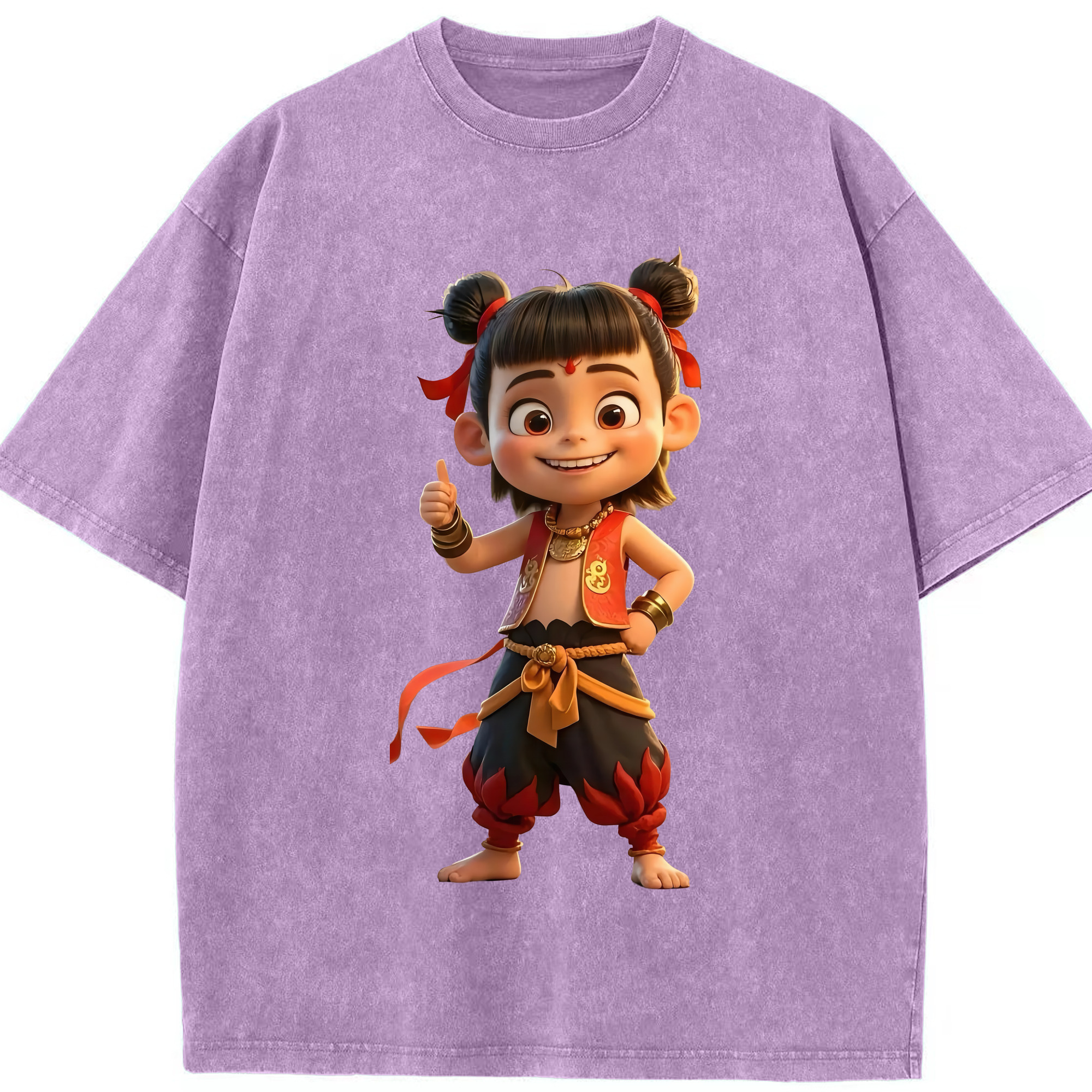 （画像用） Ne Zha 2 ナタ 魔童の大暴れ 綿100% ヴィンテージ風 半袖Tシャツ（フロントプリント）