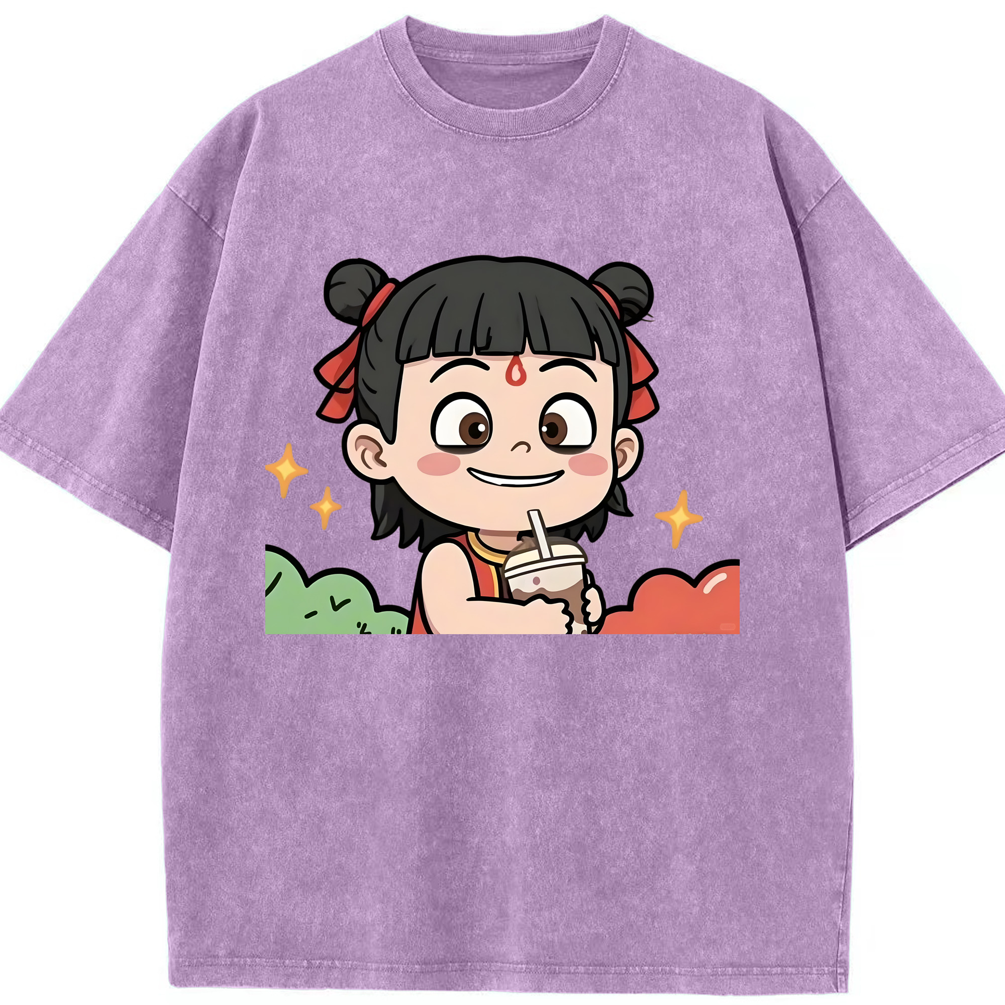 （画像用） Ne Zha 2 ナタ 魔童の大暴れ 綿100% ヴィンテージ風 半袖Tシャツ（フロントプリント）