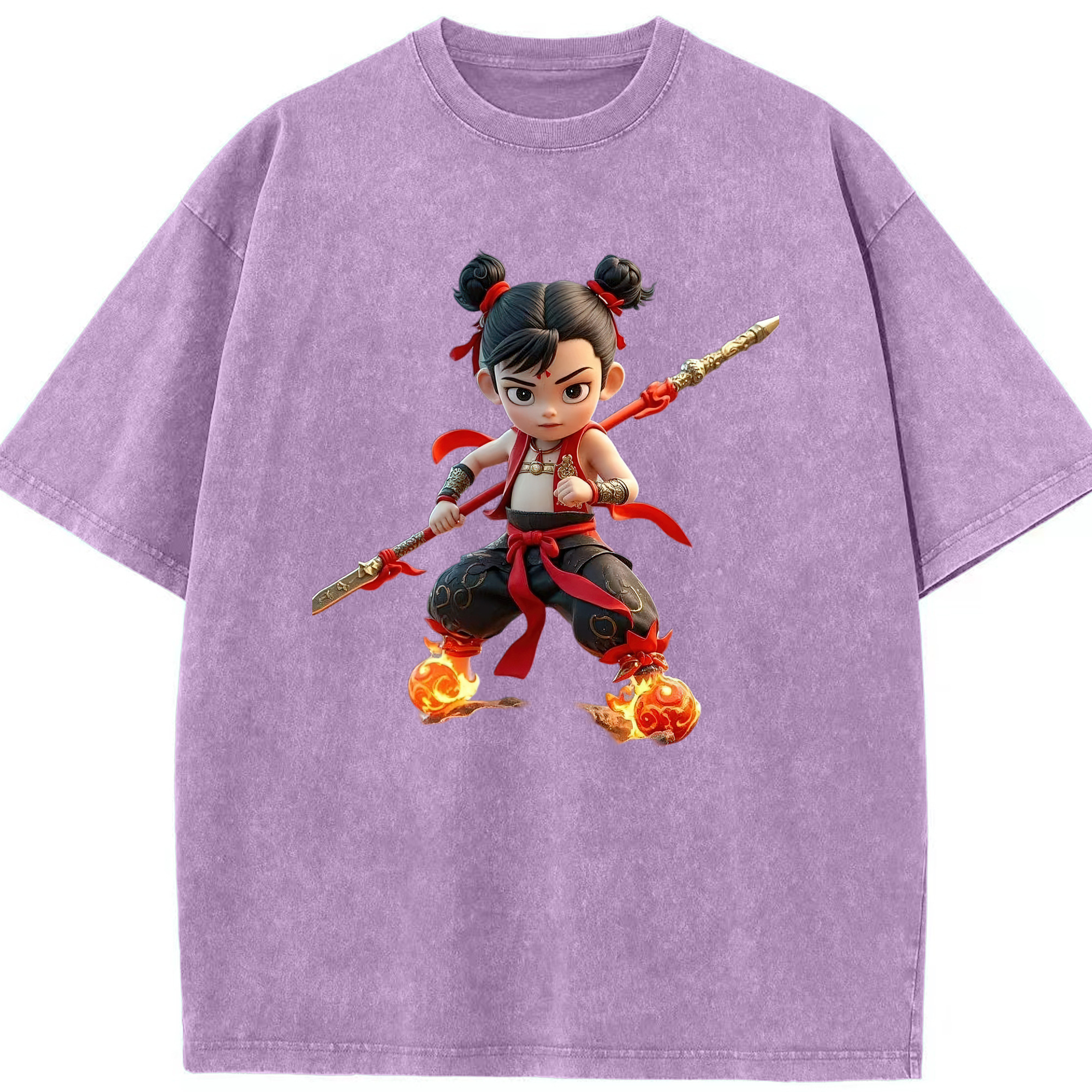（画像用） Ne Zha 2 ナタ 魔童の大暴れ 綿100% ヴィンテージ風 半袖Tシャツ（フロントプリント）