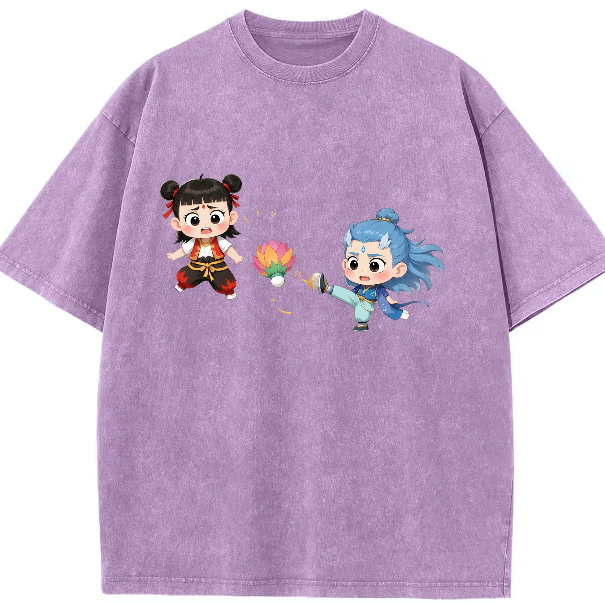 （画像用） Ne Zha 2 ナタ 魔童の大暴れ 綿100% ヴィンテージ風 半袖Tシャツ（フロントプリント）