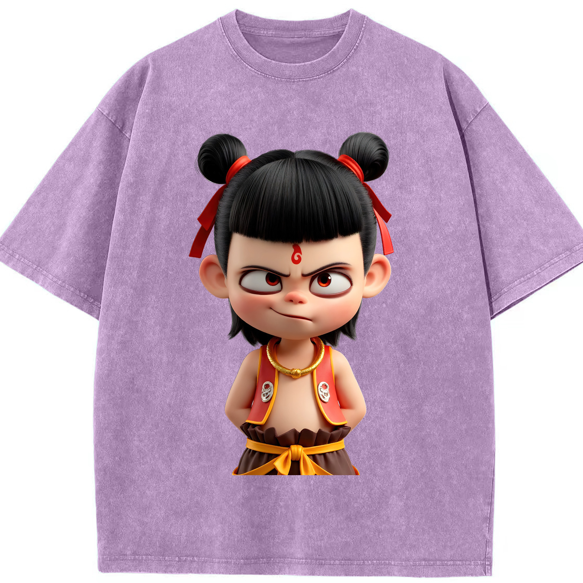（画像用） Ne Zha 2 ナタ 魔童の大暴れ 綿100% ヴィンテージ風 半袖Tシャツ（フロントプリント）
