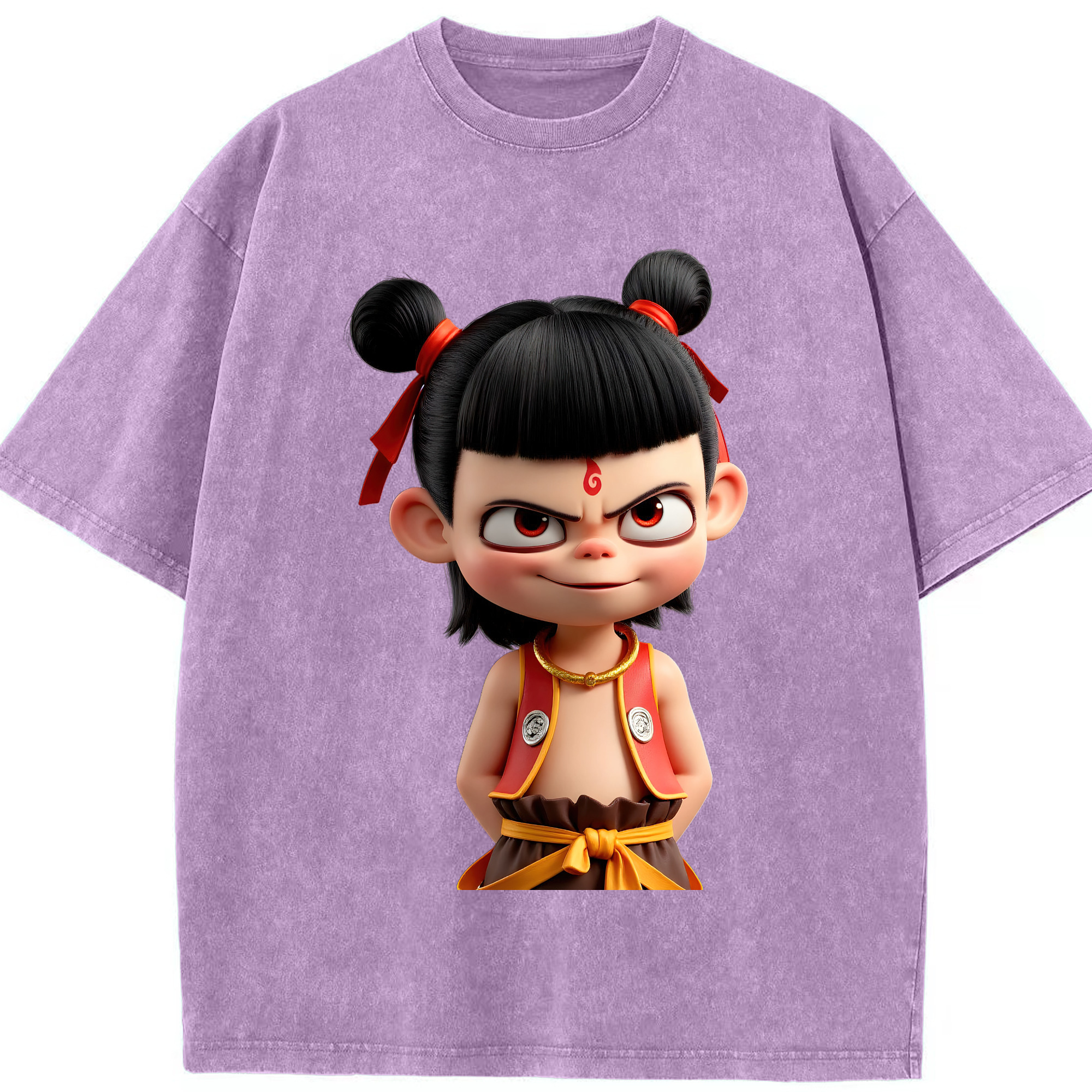 （画像用） Ne Zha 2 ナタ 魔童の大暴れ 綿100% ヴィンテージ風 半袖Tシャツ（フロントプリント）