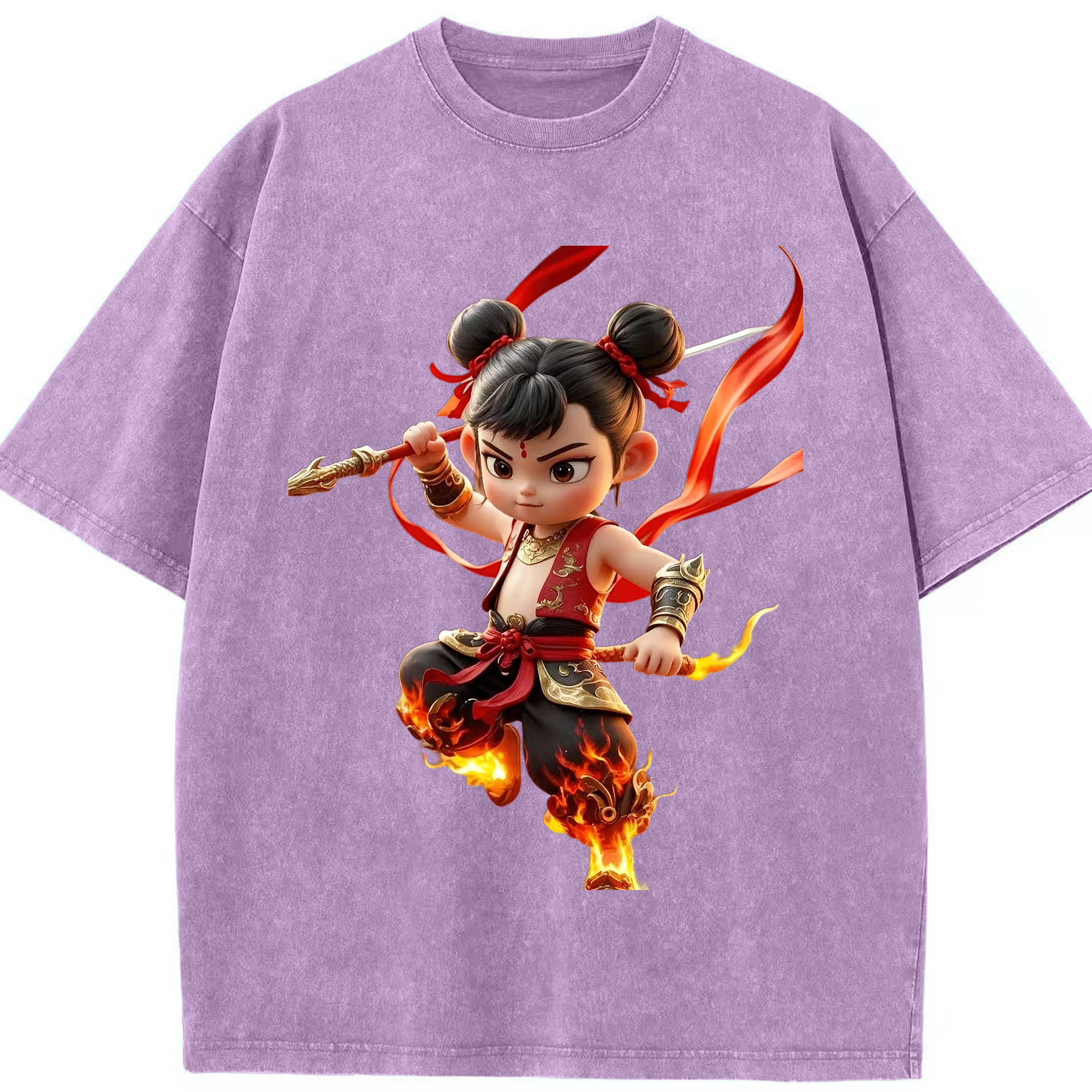 （画像用） Ne Zha 2 ナタ 魔童の大暴れ 綿100% ヴィンテージ風 半袖Tシャツ（フロントプリント）