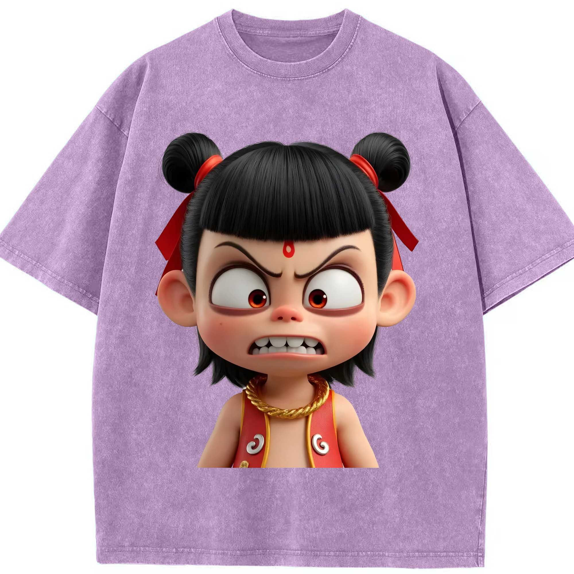 （画像用） Ne Zha 2 ナタ 魔童の大暴れ 綿100% ヴィンテージ風 半袖Tシャツ（フロントプリント）
