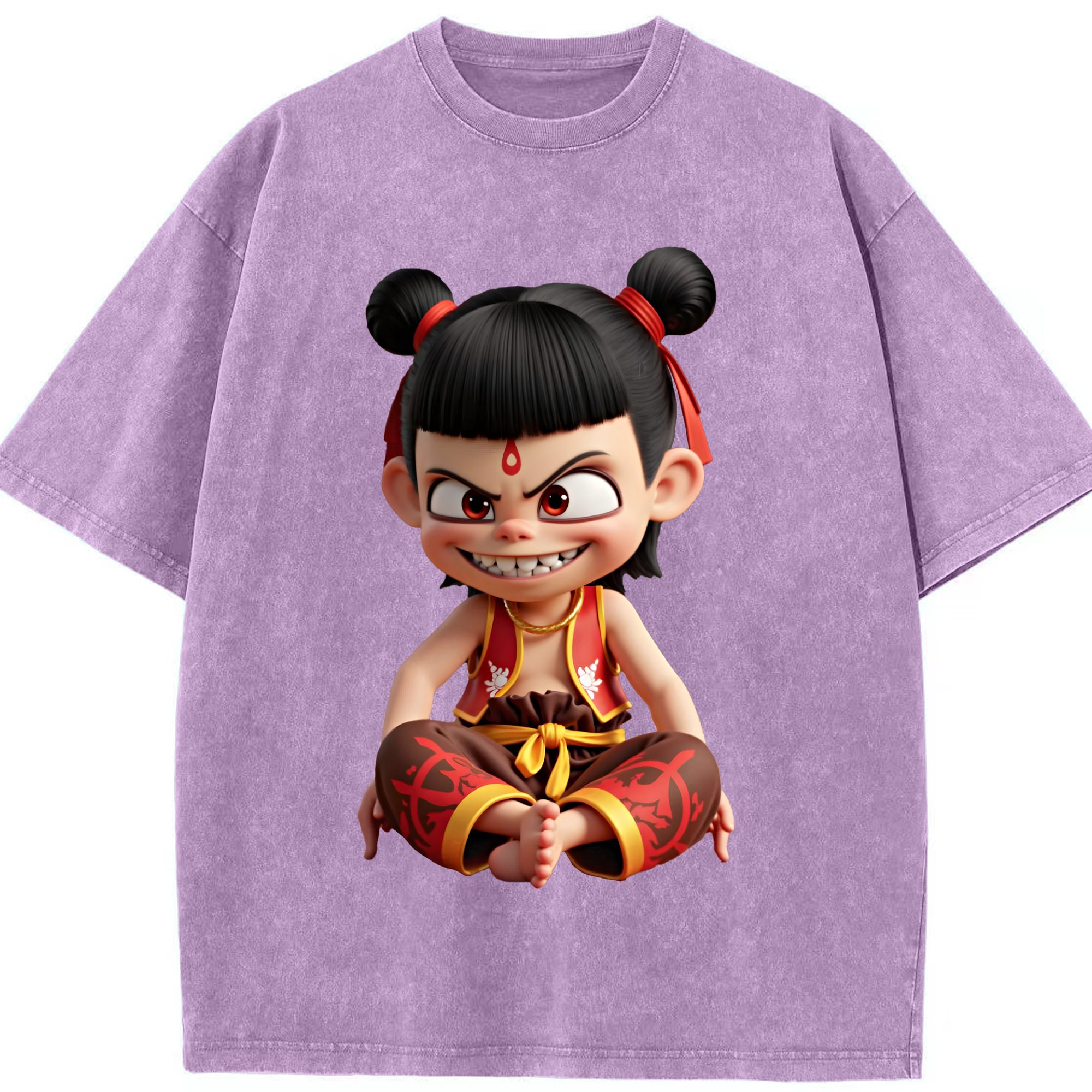 （画像用） Ne Zha 2 ナタ 魔童の大暴れ 綿100% ヴィンテージ風 半袖Tシャツ（フロントプリント）