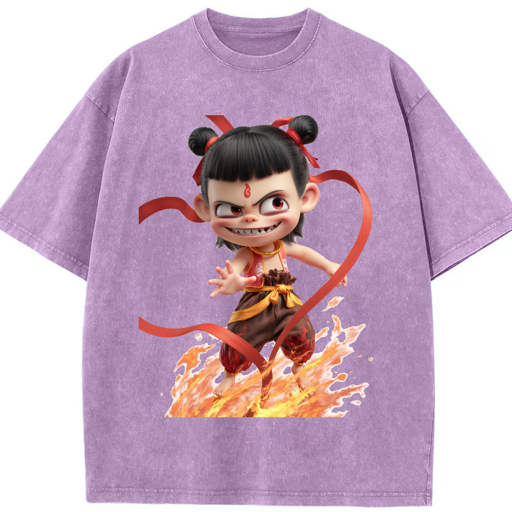 （画像用） Ne Zha 2 ナタ 魔童の大暴れ 綿100% ヴィンテージ風 半袖Tシャツ（フロントプリント）