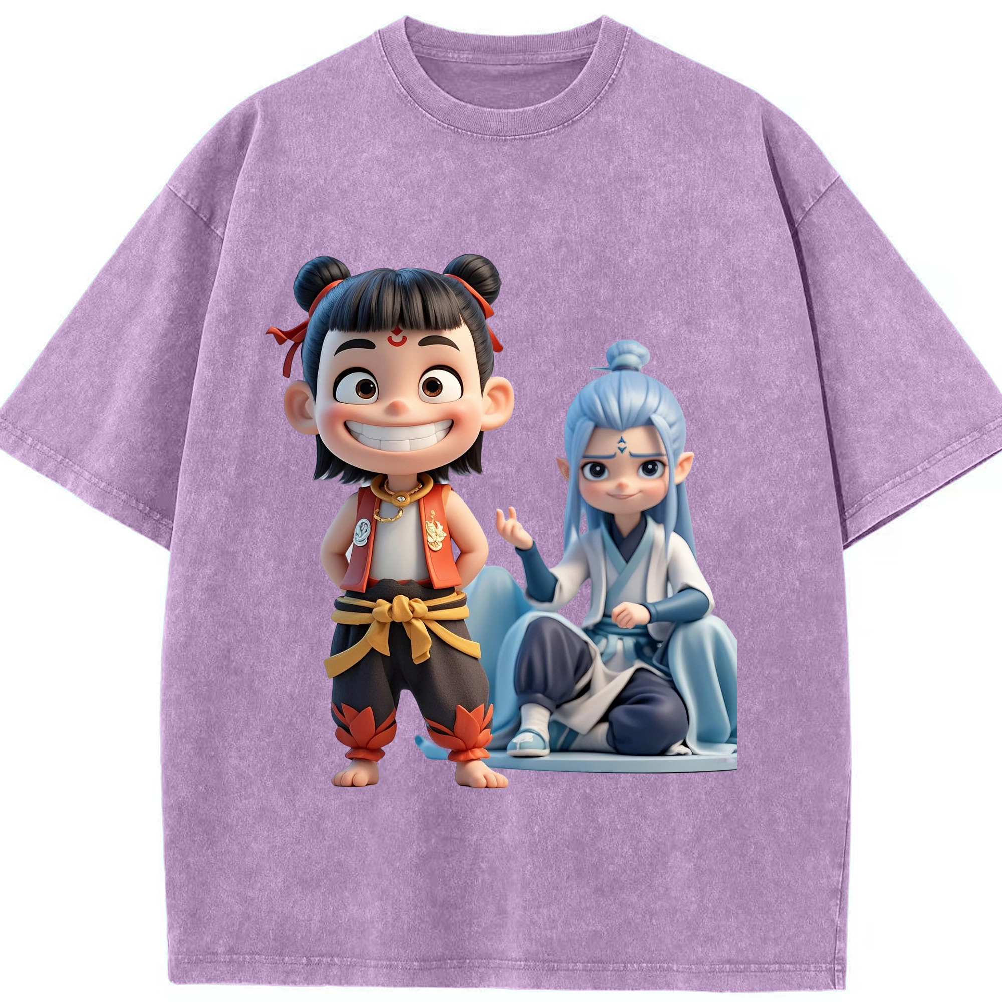 （画像用） Ne Zha 2 ナタ 魔童の大暴れ 綿100% ヴィンテージ風 半袖Tシャツ（フロントプリント）