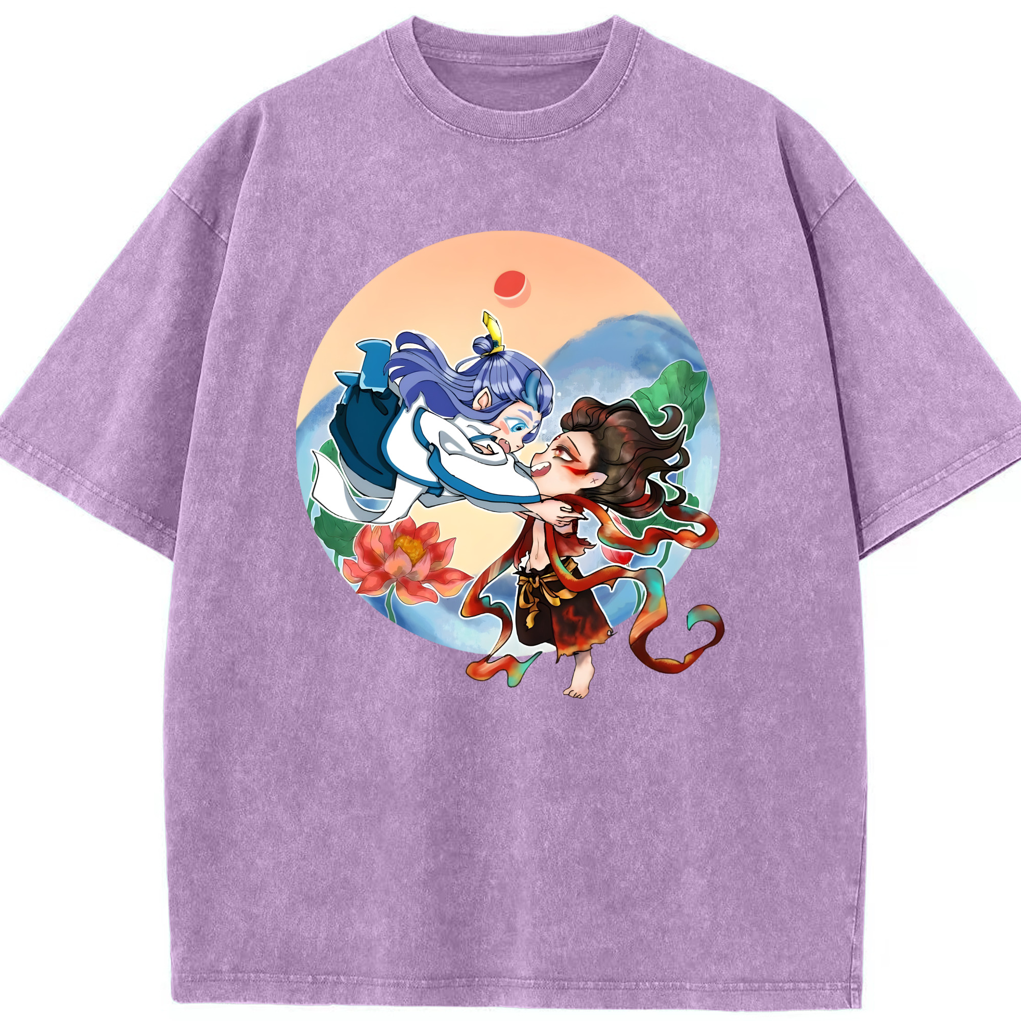 （画像用） Ne Zha 2 ナタ 魔童の大暴れ 綿100% ヴィンテージ風 半袖Tシャツ（フロントプリント）