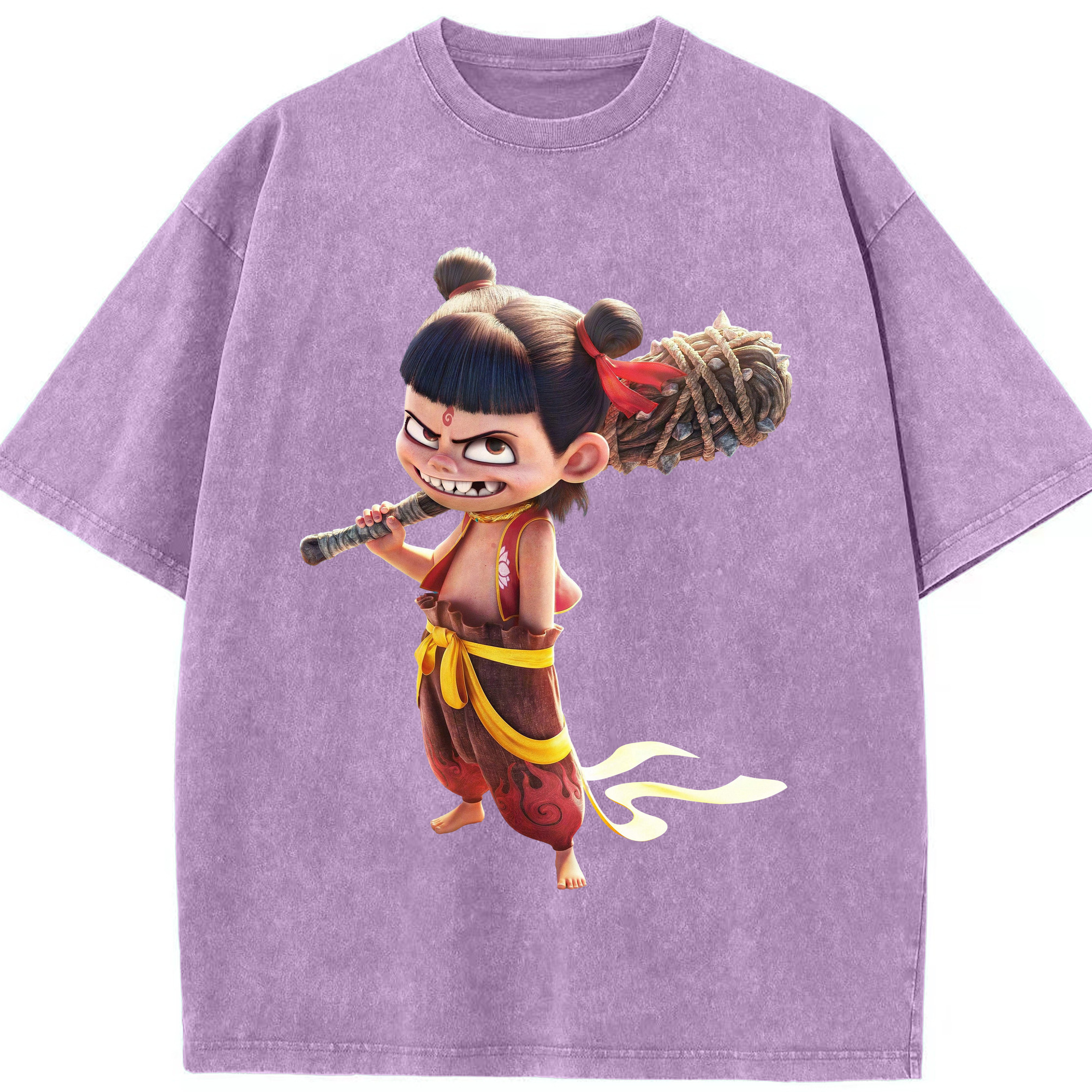 （画像用） Ne Zha 2 ナタ 魔童の大暴れ 綿100% ヴィンテージ風 半袖Tシャツ（フロントプリント）