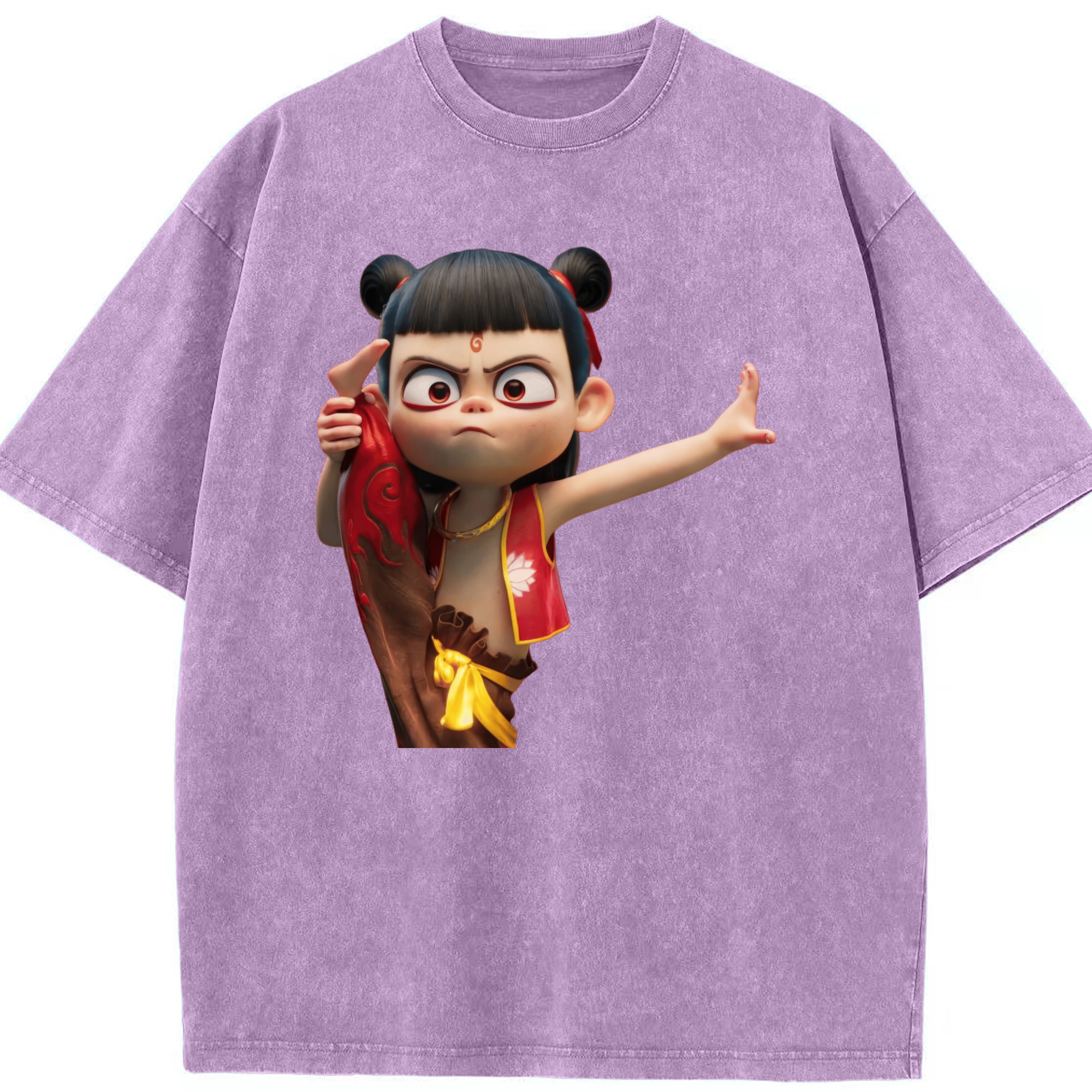 （画像用） Ne Zha 2 ナタ 魔童の大暴れ 綿100% ヴィンテージ風 半袖Tシャツ（フロントプリント）
