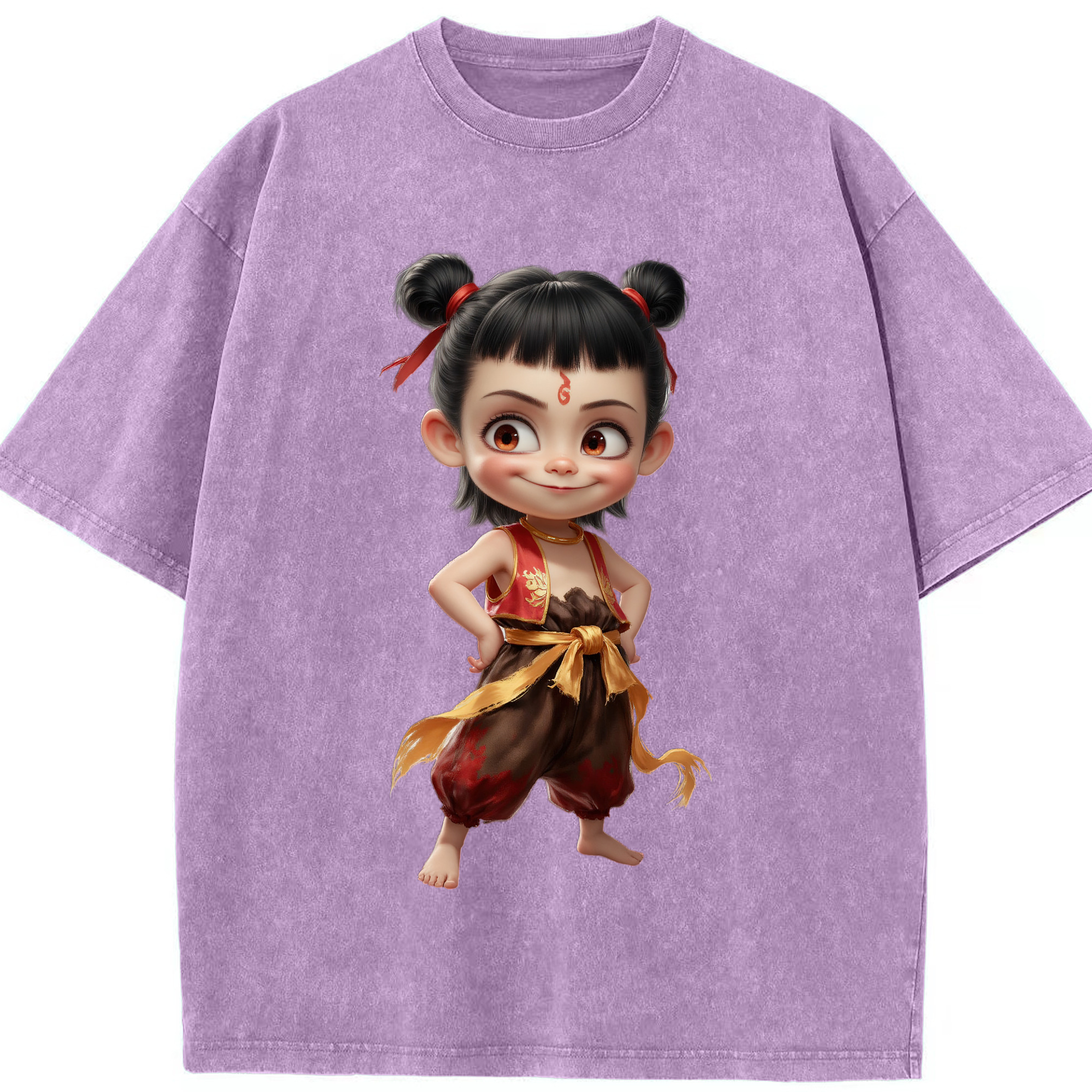 （画像用） Ne Zha 2 ナタ 魔童の大暴れ 綿100% ヴィンテージ風 半袖Tシャツ（フロントプリント）