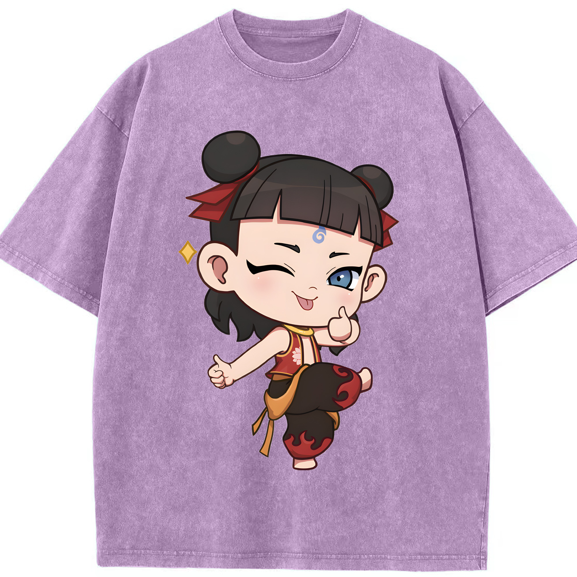 （画像用） Ne Zha 2 ナタ 魔童の大暴れ 綿100% ヴィンテージ風 半袖Tシャツ（フロントプリント）