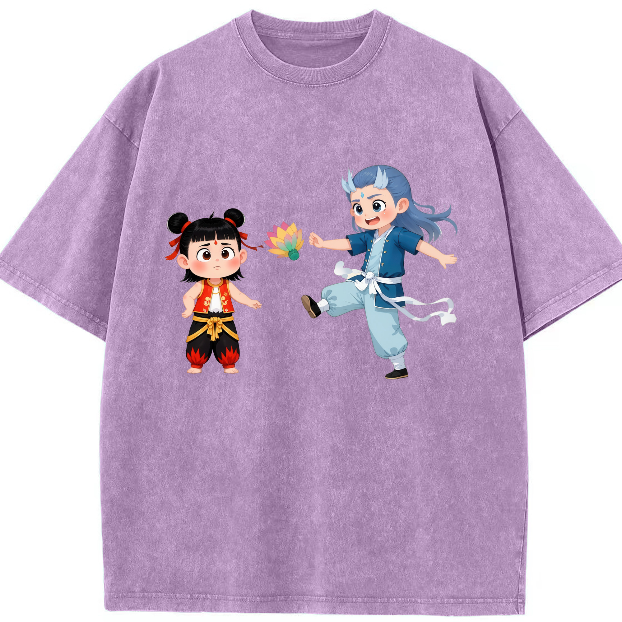（画像用） Ne Zha 2 ナタ 魔童の大暴れ 綿100% ヴィンテージ風 半袖Tシャツ（フロントプリント）