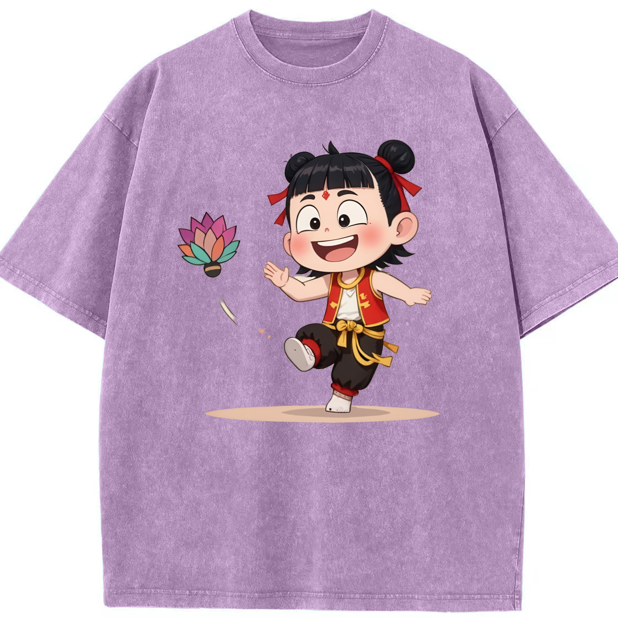 （画像用） Ne Zha 2 ナタ 魔童の大暴れ 綿100% ヴィンテージ風 半袖Tシャツ（フロントプリント）
