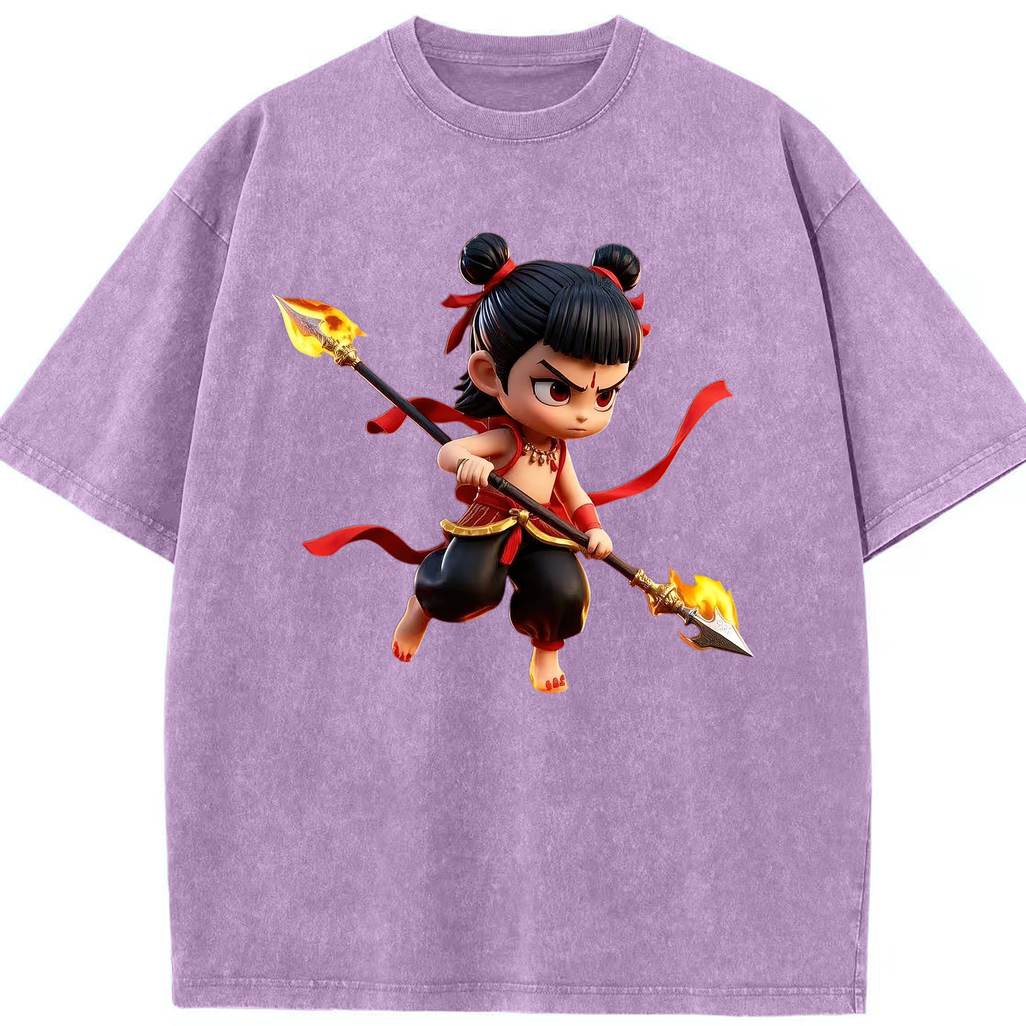 （画像用） Ne Zha 2 ナタ 魔童の大暴れ 綿100% ヴィンテージ風 半袖Tシャツ（フロントプリント）