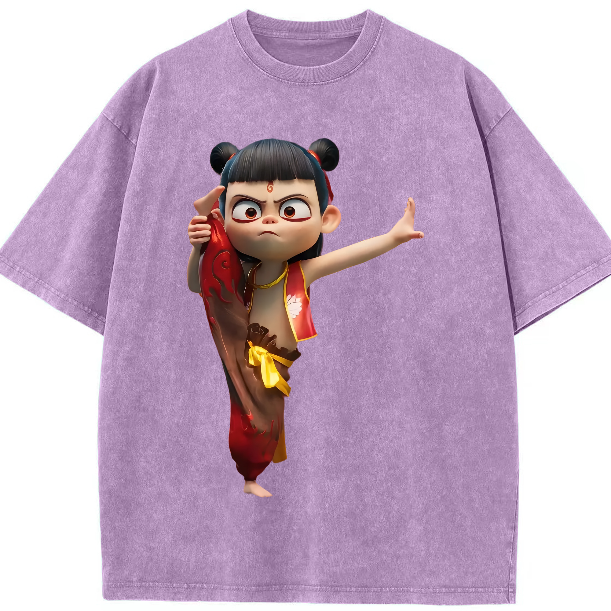 （画像用） Ne Zha 2 ナタ 魔童の大暴れ 綿100% ヴィンテージ風 半袖Tシャツ（フロントプリント）