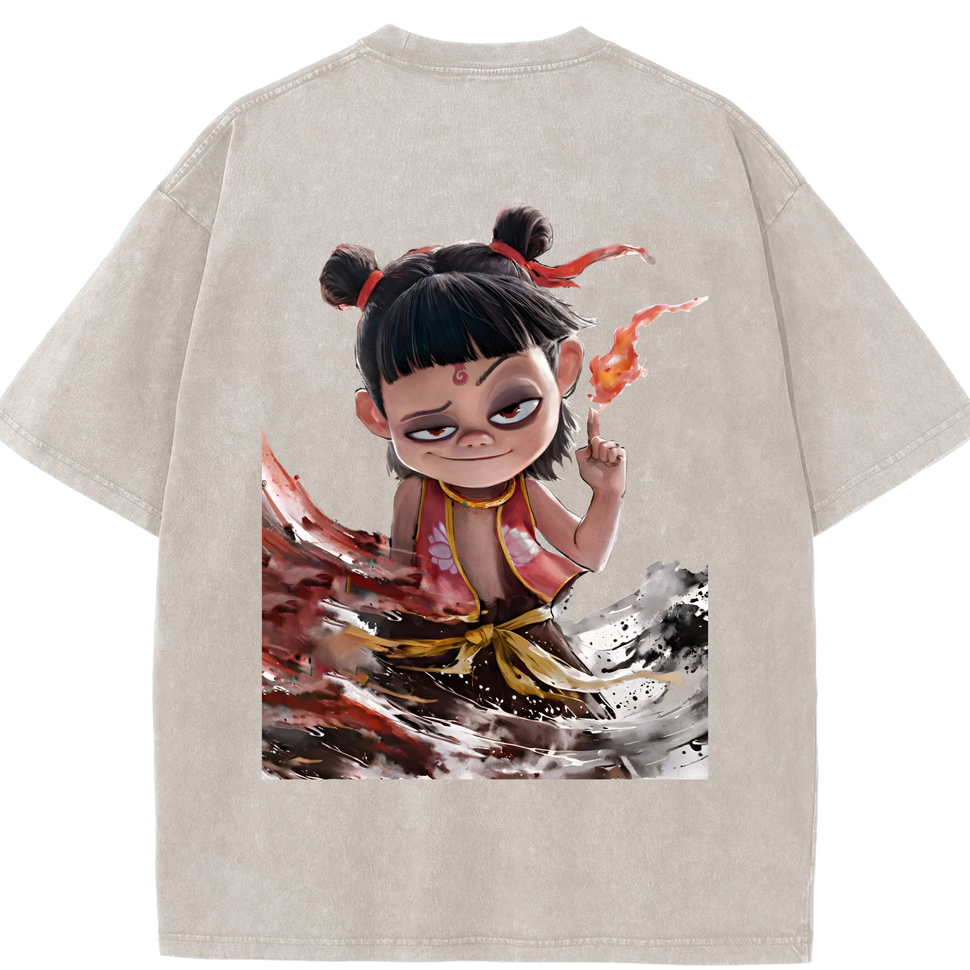 （画像用） Ne Zha 2 ナタ 魔童の大暴れ 綿100% ヴィンテージ風 半袖Tシャツ（背面プリント）