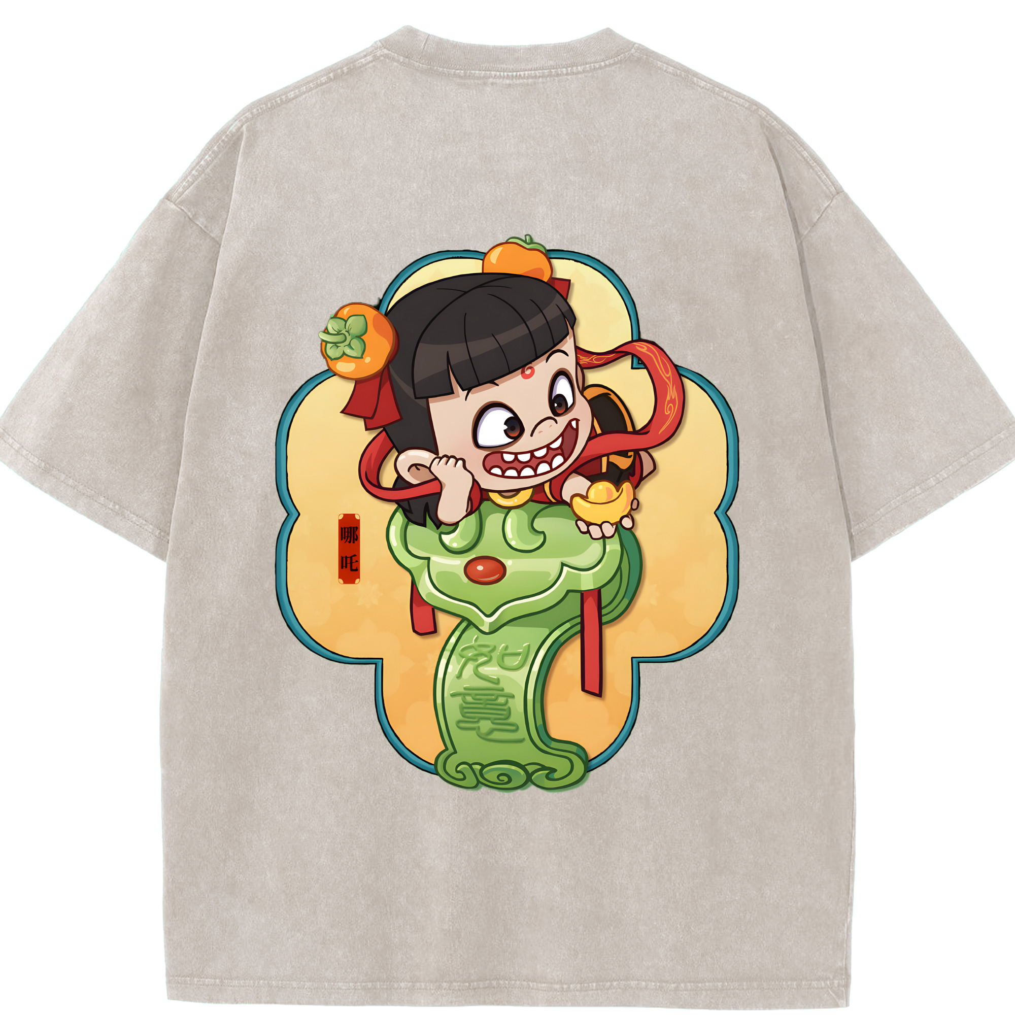 （画像用） Ne Zha 2 ナタ 魔童の大暴れ 綿100% ヴィンテージ風 半袖Tシャツ（背面プリント）