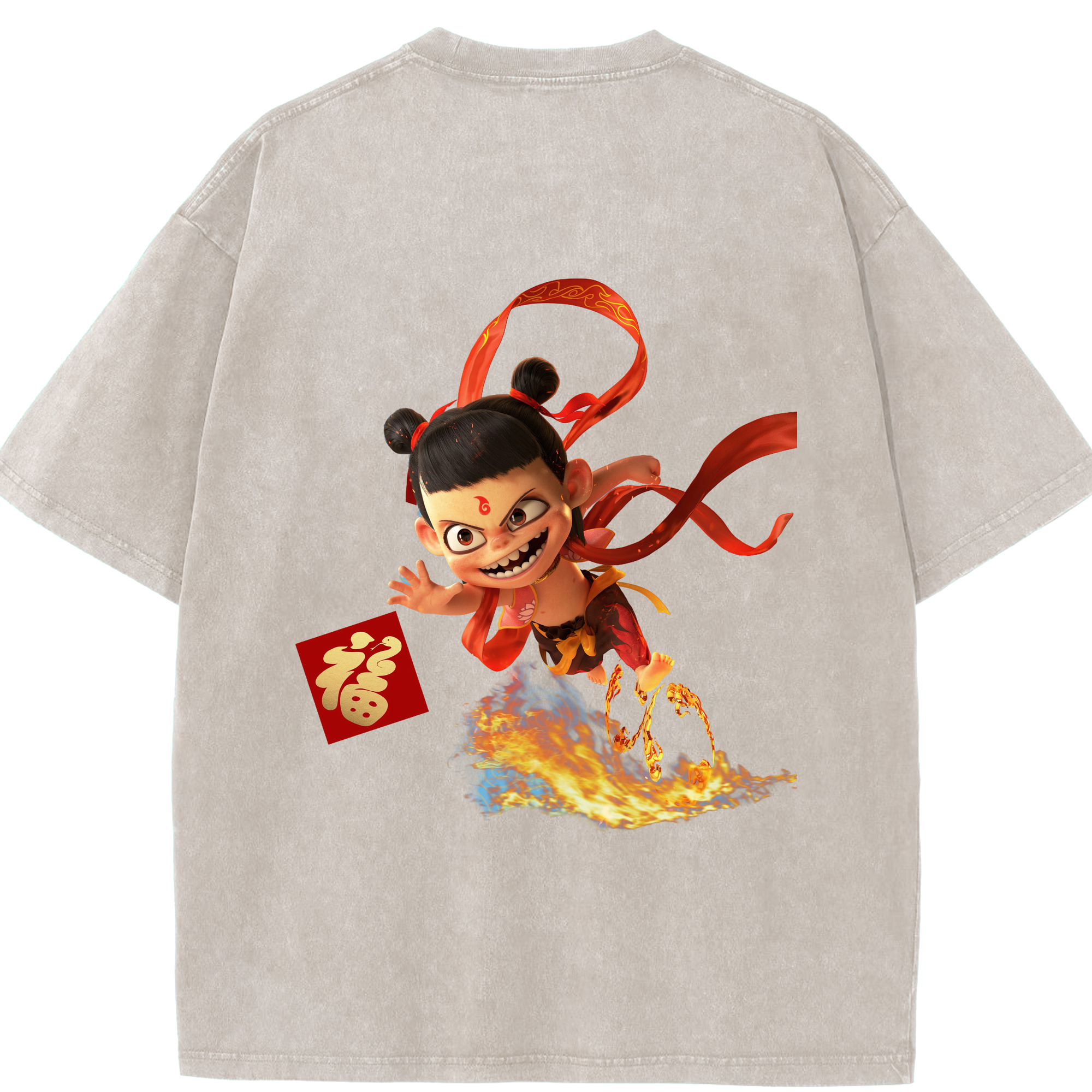 （画像用） Ne Zha 2 ナタ 魔童の大暴れ 綿100% ヴィンテージ風 半袖Tシャツ（背面プリント）