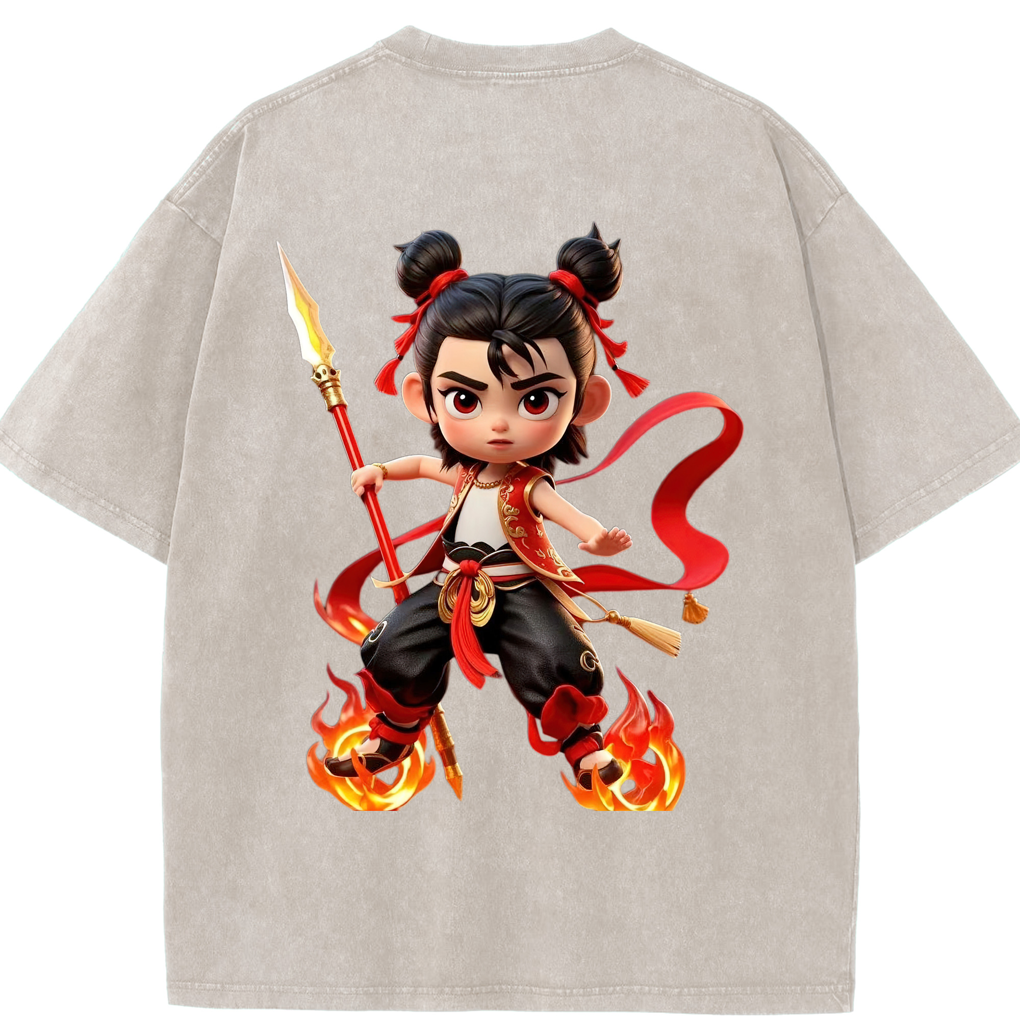 （画像用） Ne Zha 2 ナタ 魔童の大暴れ 綿100% ヴィンテージ風 半袖Tシャツ（背面プリント）