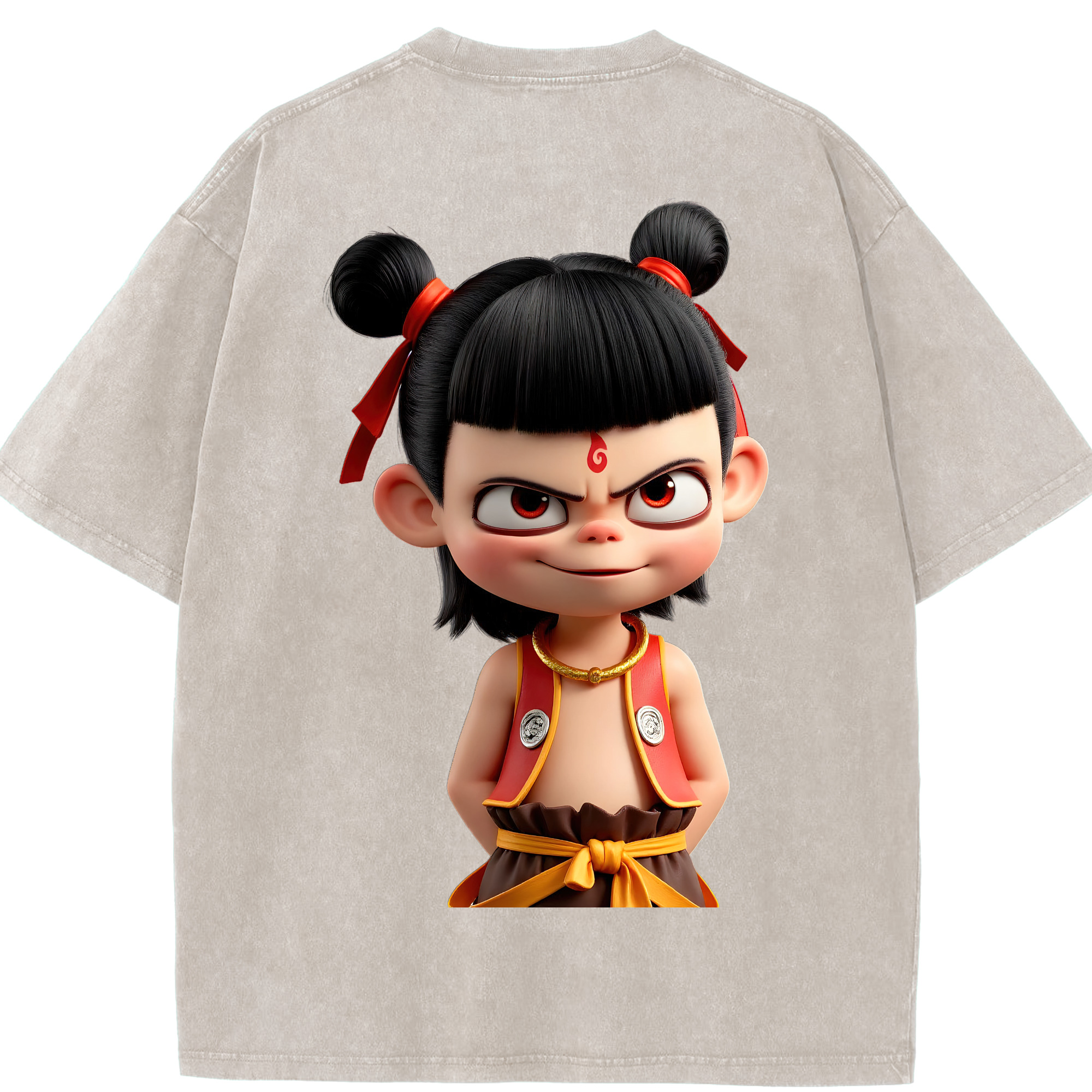 （画像用） Ne Zha 2 ナタ 魔童の大暴れ 綿100% ヴィンテージ風 半袖Tシャツ（背面プリント）