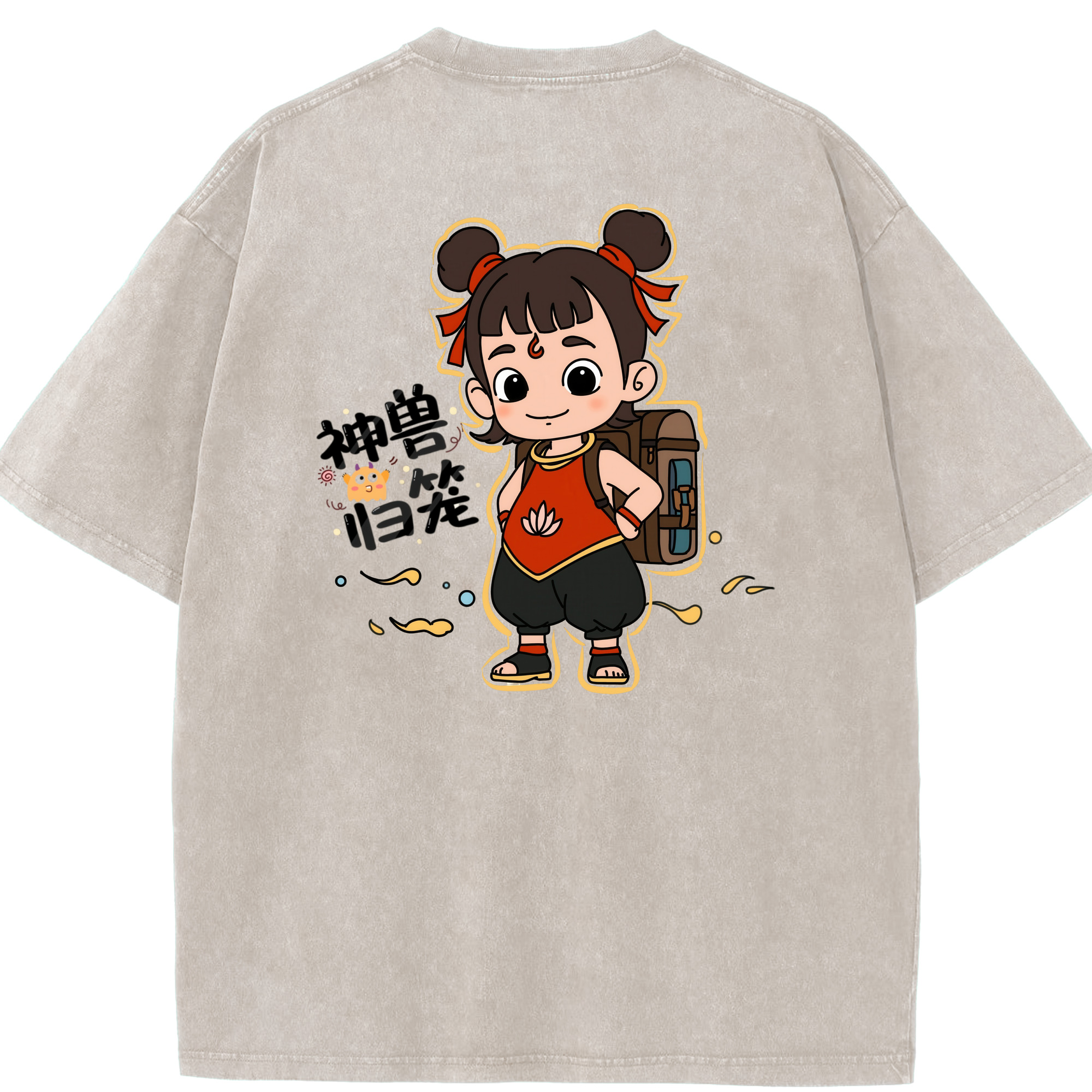 （画像用） Ne Zha 2 ナタ 魔童の大暴れ 綿100% ヴィンテージ風 半袖Tシャツ（背面プリント）