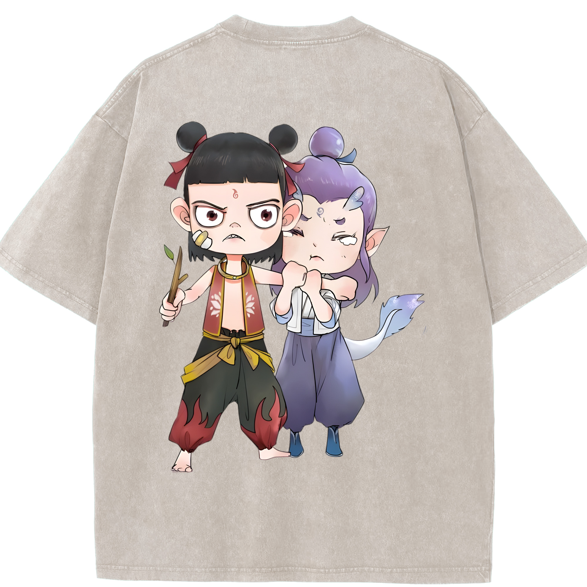 （画像用） Ne Zha 2 ナタ 魔童の大暴れ 綿100% ヴィンテージ風 半袖Tシャツ（背面プリント）