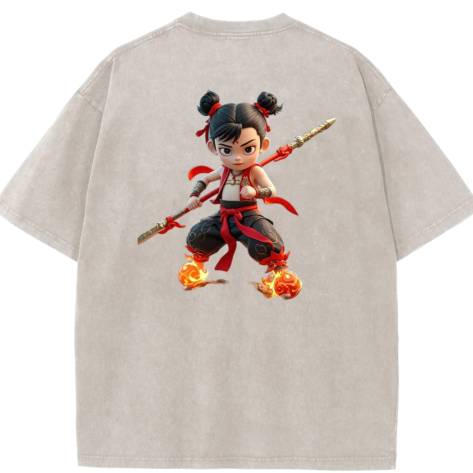 （画像用） Ne Zha 2 ナタ 魔童の大暴れ 綿100% ヴィンテージ風 半袖Tシャツ（背面プリント）