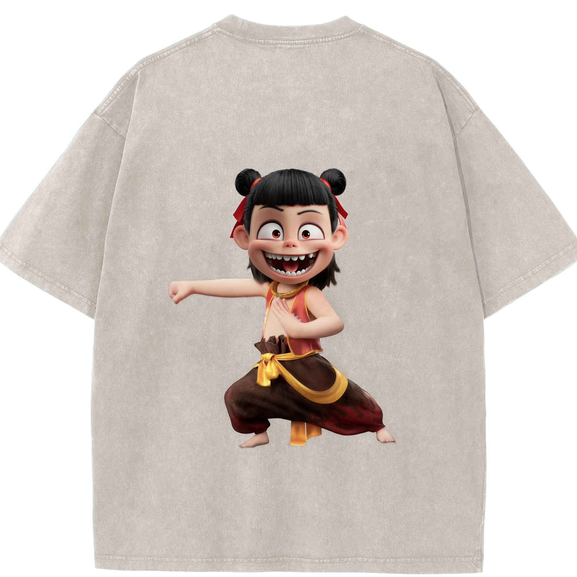 （画像用） Ne Zha 2 ナタ 魔童の大暴れ 綿100% ヴィンテージ風 半袖Tシャツ（背面プリント）