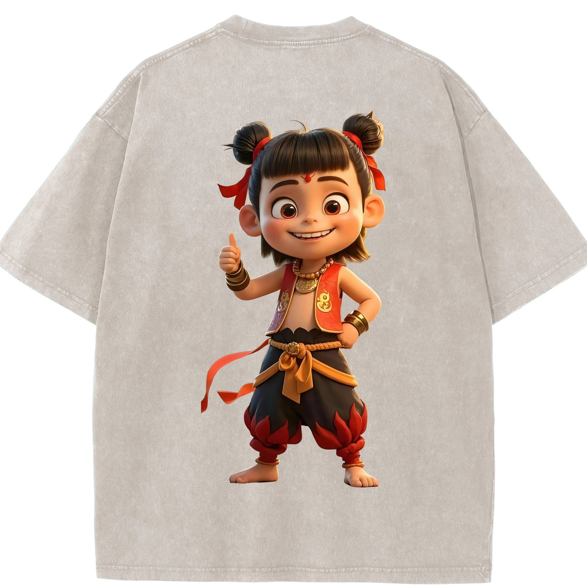 （画像用） Ne Zha 2 ナタ 魔童の大暴れ 綿100% ヴィンテージ風 半袖Tシャツ（背面プリント）