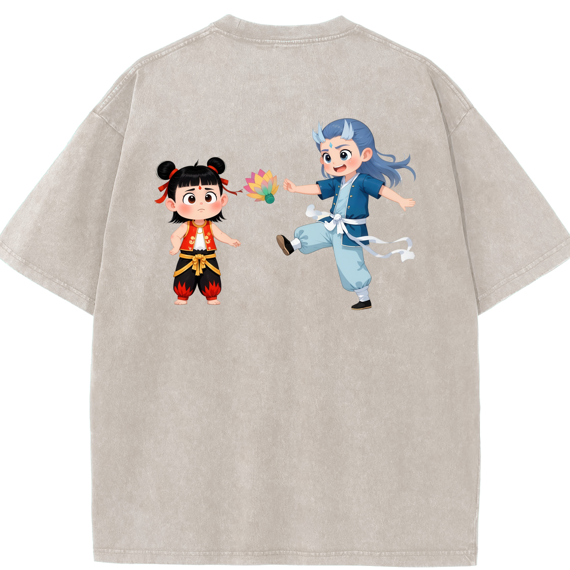 （画像用） Ne Zha 2 ナタ 魔童の大暴れ 綿100% ヴィンテージ風 半袖Tシャツ（背面プリント）