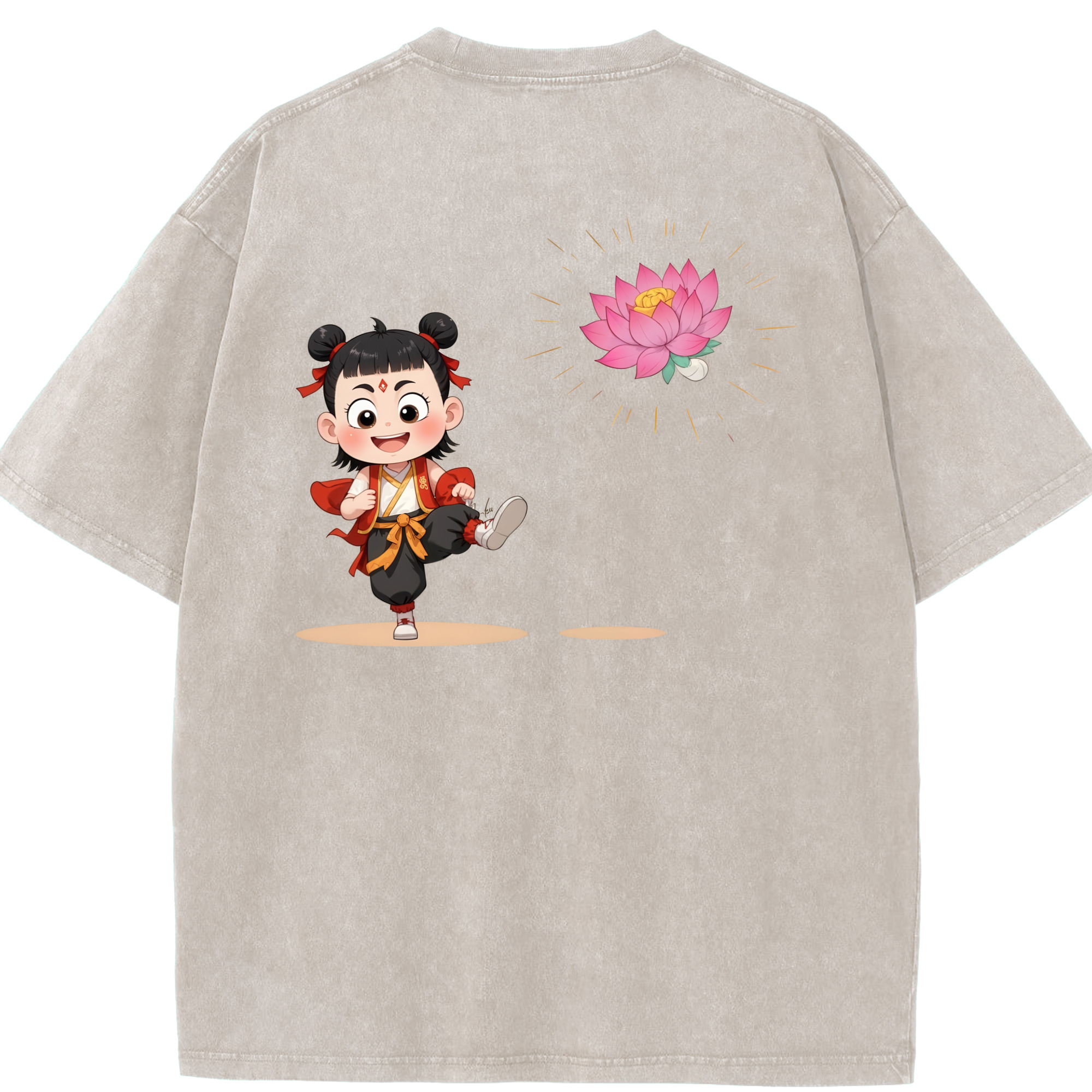 （画像用） Ne Zha 2 ナタ 魔童の大暴れ 綿100% ヴィンテージ風 半袖Tシャツ（背面プリント）