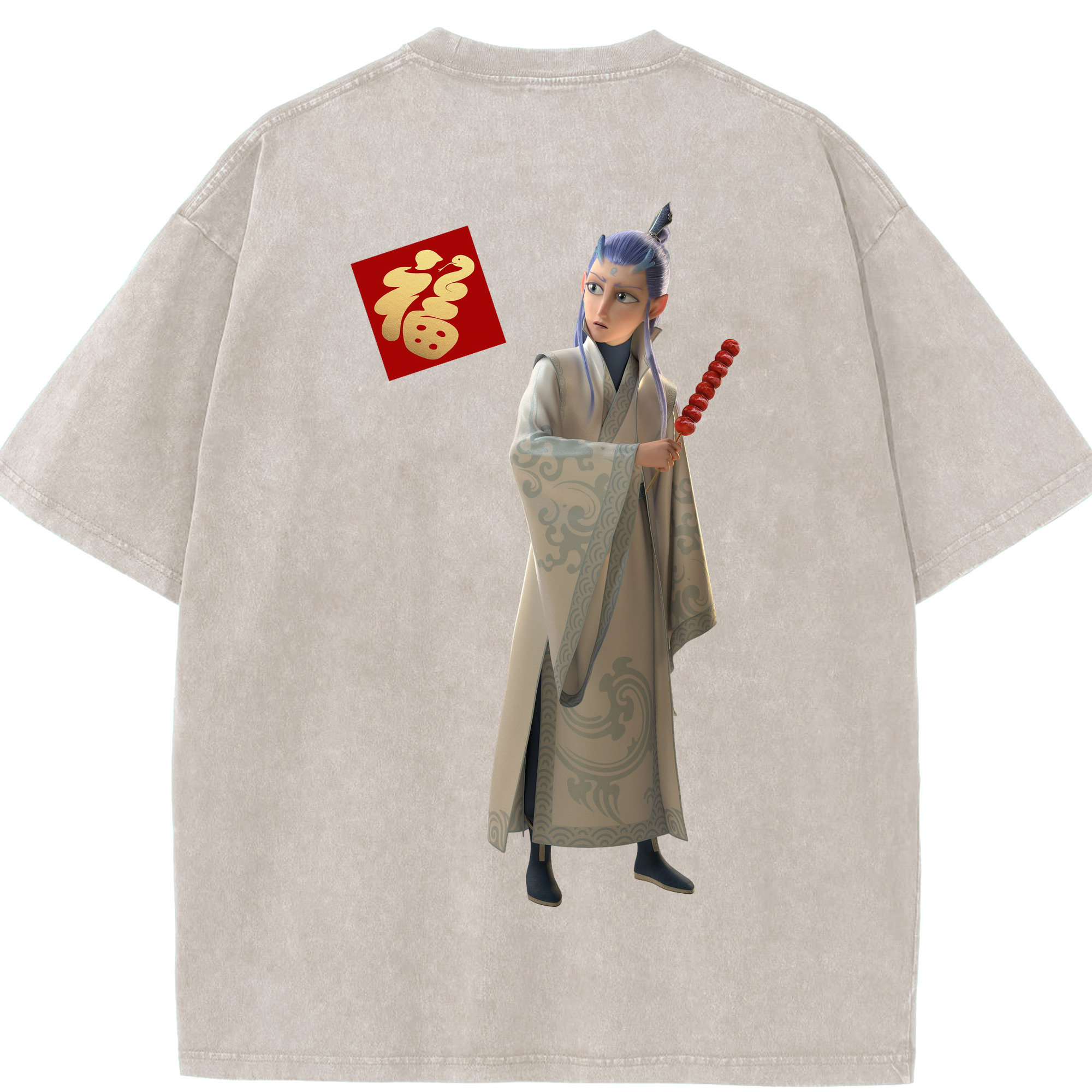 （画像用） Ne Zha 2 ナタ 魔童の大暴れ 綿100% ヴィンテージ風 半袖Tシャツ（背面プリント）