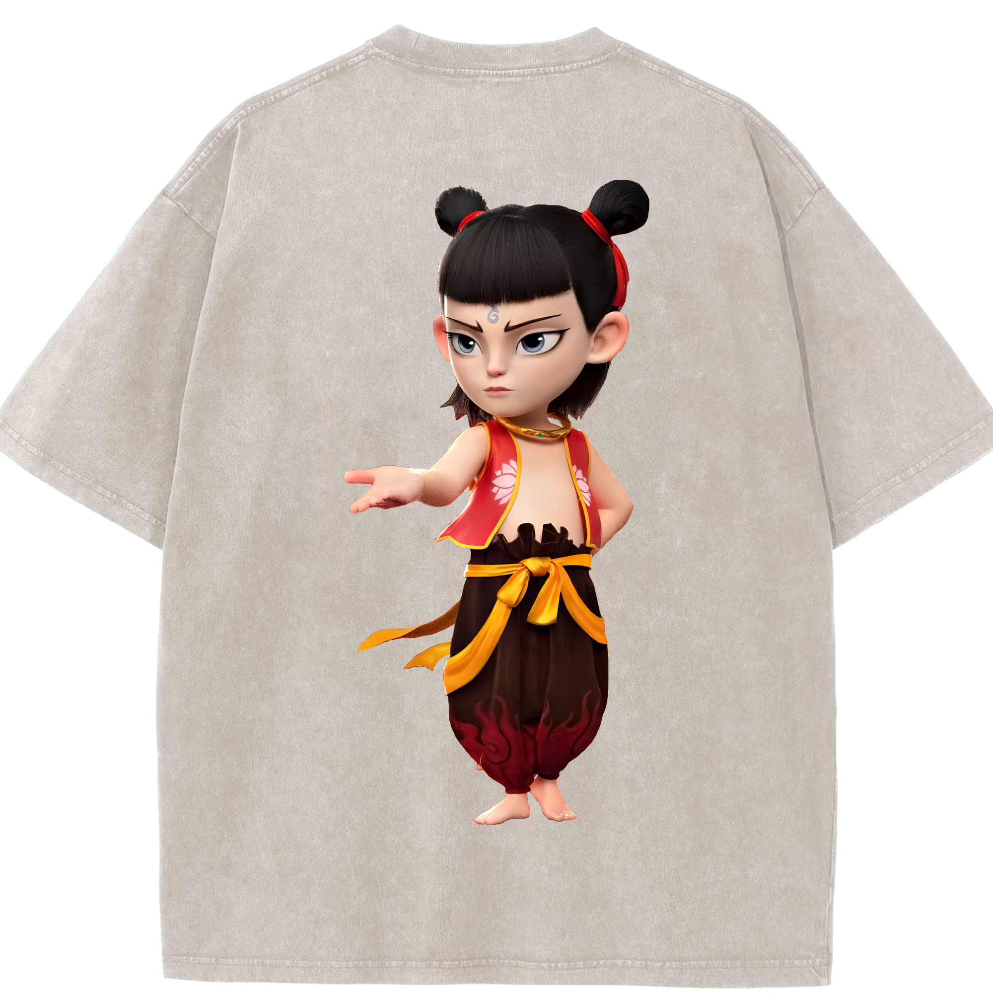 （画像用） Ne Zha 2 ナタ 魔童の大暴れ 綿100% ヴィンテージ風 半袖Tシャツ（背面プリント）
