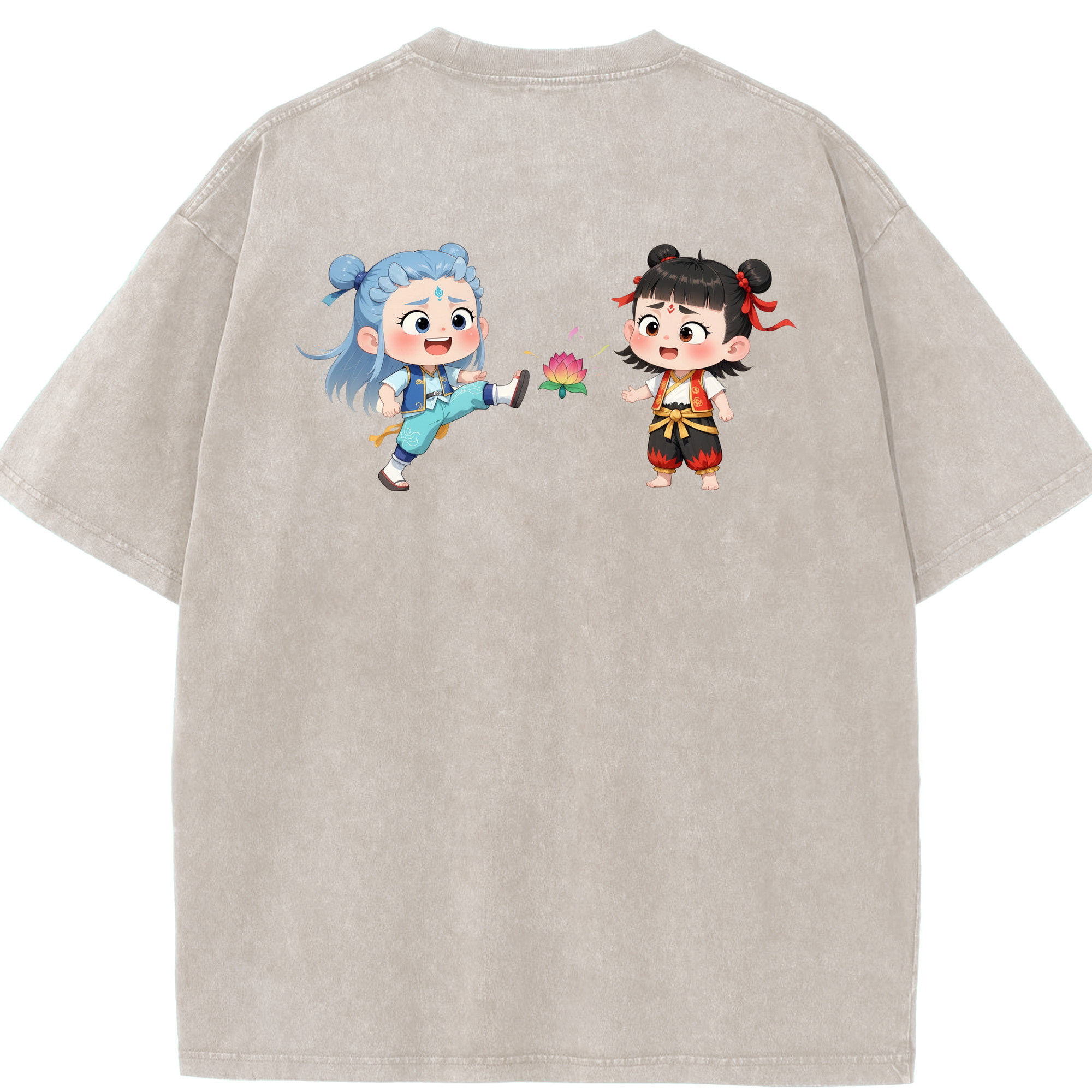（画像用） Ne Zha 2 ナタ 魔童の大暴れ 綿100% ヴィンテージ風 半袖Tシャツ（背面プリント）