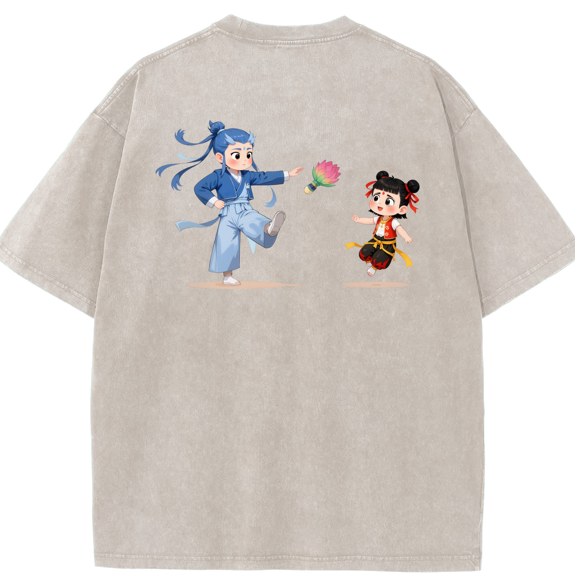 （画像用） Ne Zha 2 ナタ 魔童の大暴れ 綿100% ヴィンテージ風 半袖Tシャツ（背面プリント）