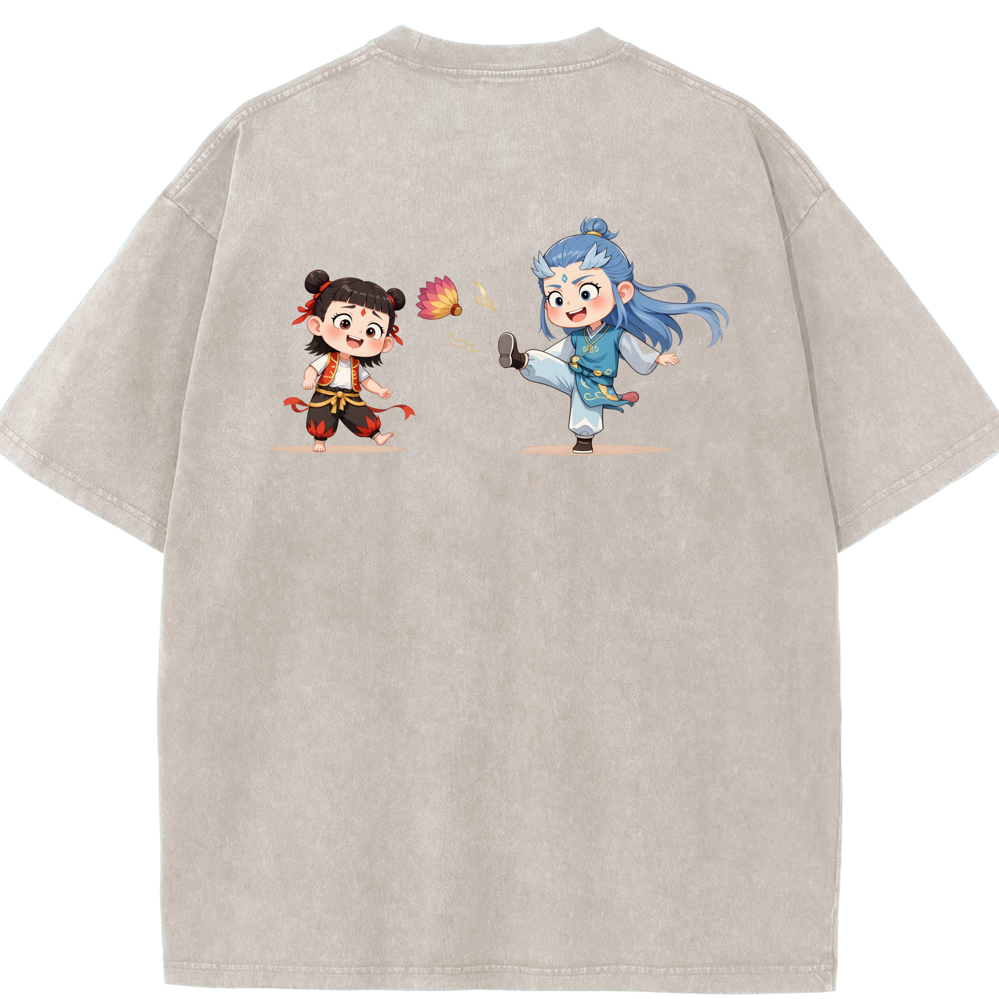 （画像用） Ne Zha 2 ナタ 魔童の大暴れ 綿100% ヴィンテージ風 半袖Tシャツ（背面プリント）
