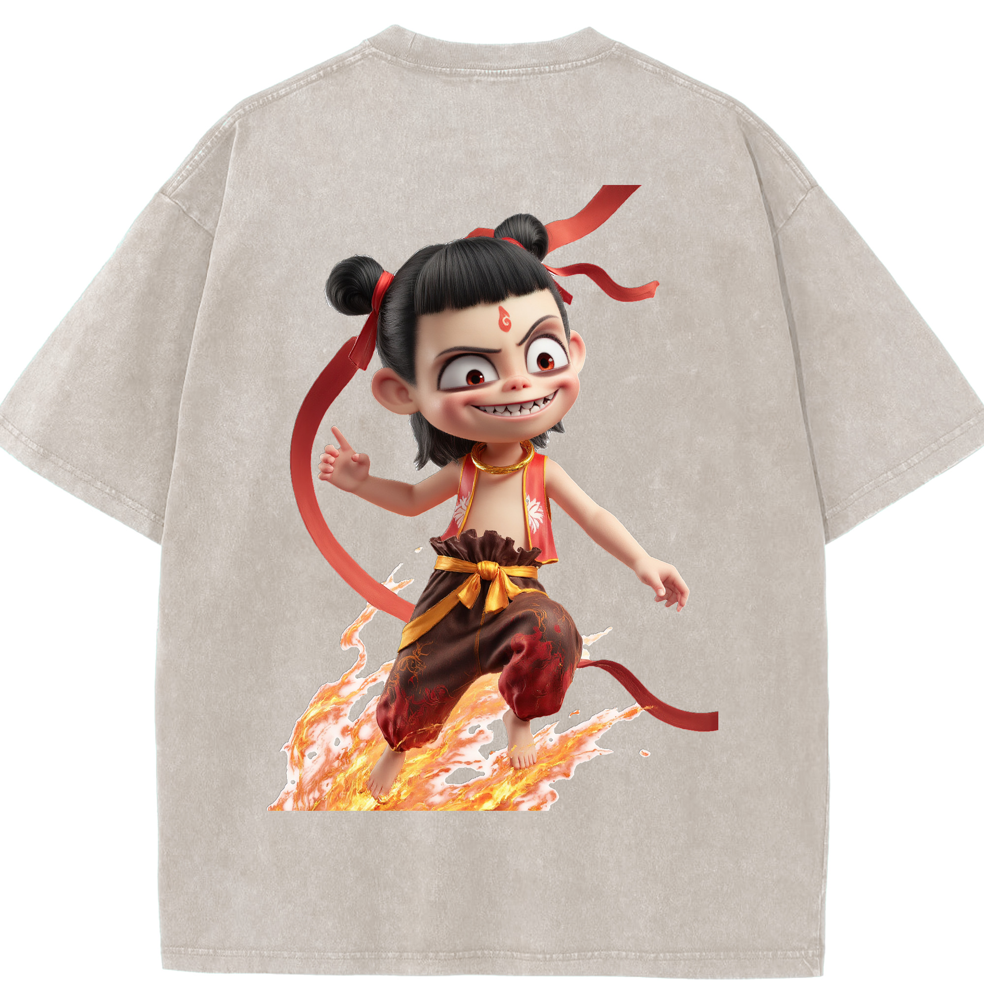 （画像用） Ne Zha 2 ナタ 魔童の大暴れ 綿100% ヴィンテージ風 半袖Tシャツ（背面プリント）