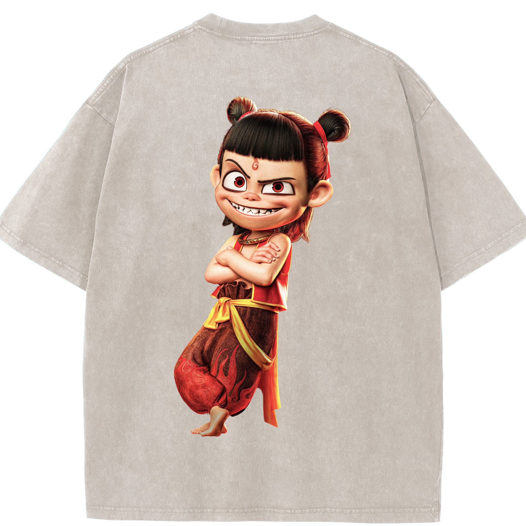 （画像用） Ne Zha 2 ナタ 魔童の大暴れ 綿100% ヴィンテージ風 半袖Tシャツ（背面プリント）