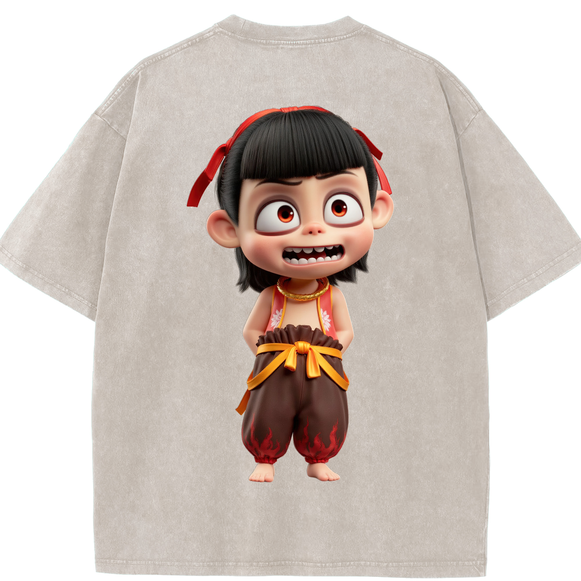 （画像用） Ne Zha 2 ナタ 魔童の大暴れ 綿100% ヴィンテージ風 半袖Tシャツ（背面プリント）