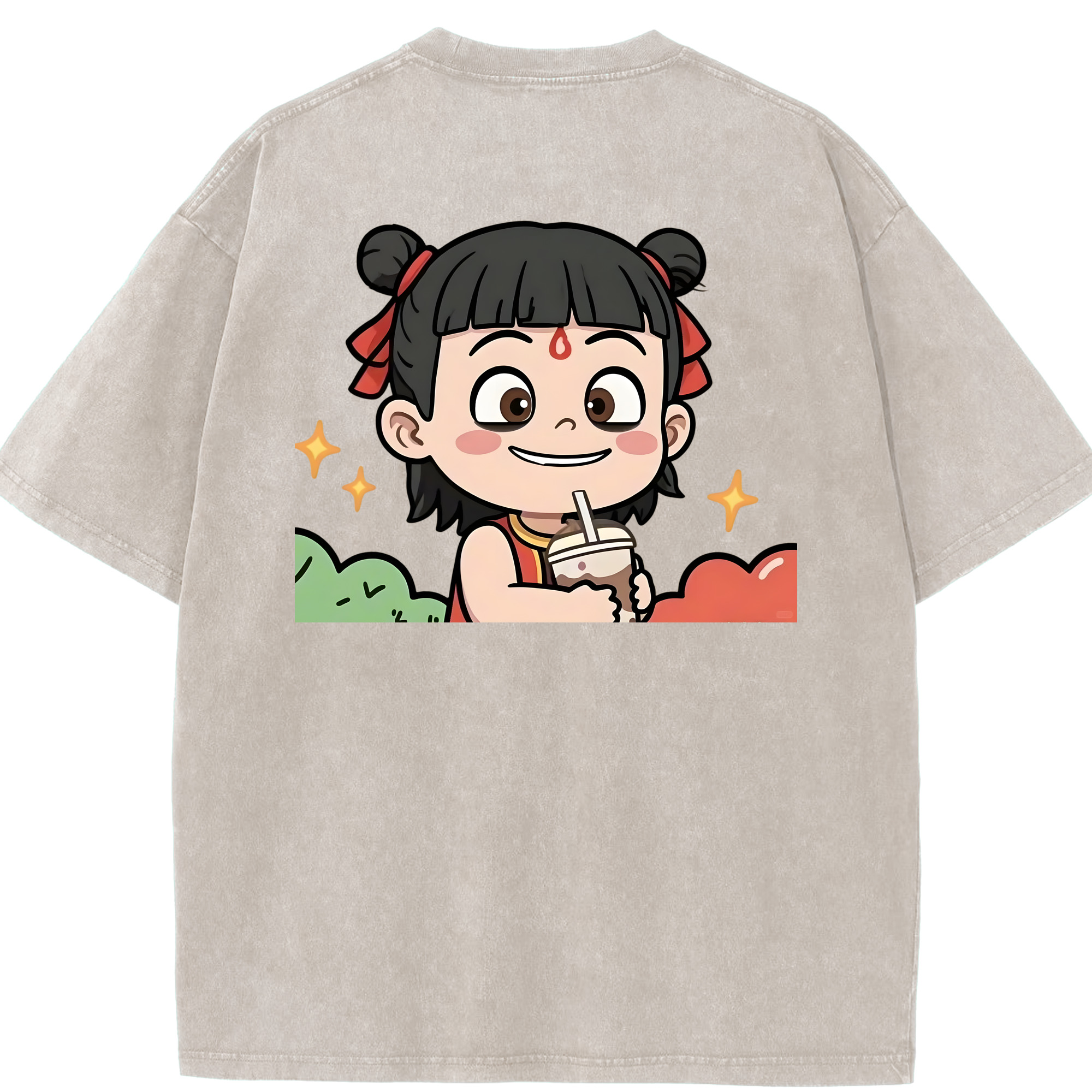 （画像用） Ne Zha 2 ナタ 魔童の大暴れ 綿100% ヴィンテージ風 半袖Tシャツ（背面プリント）