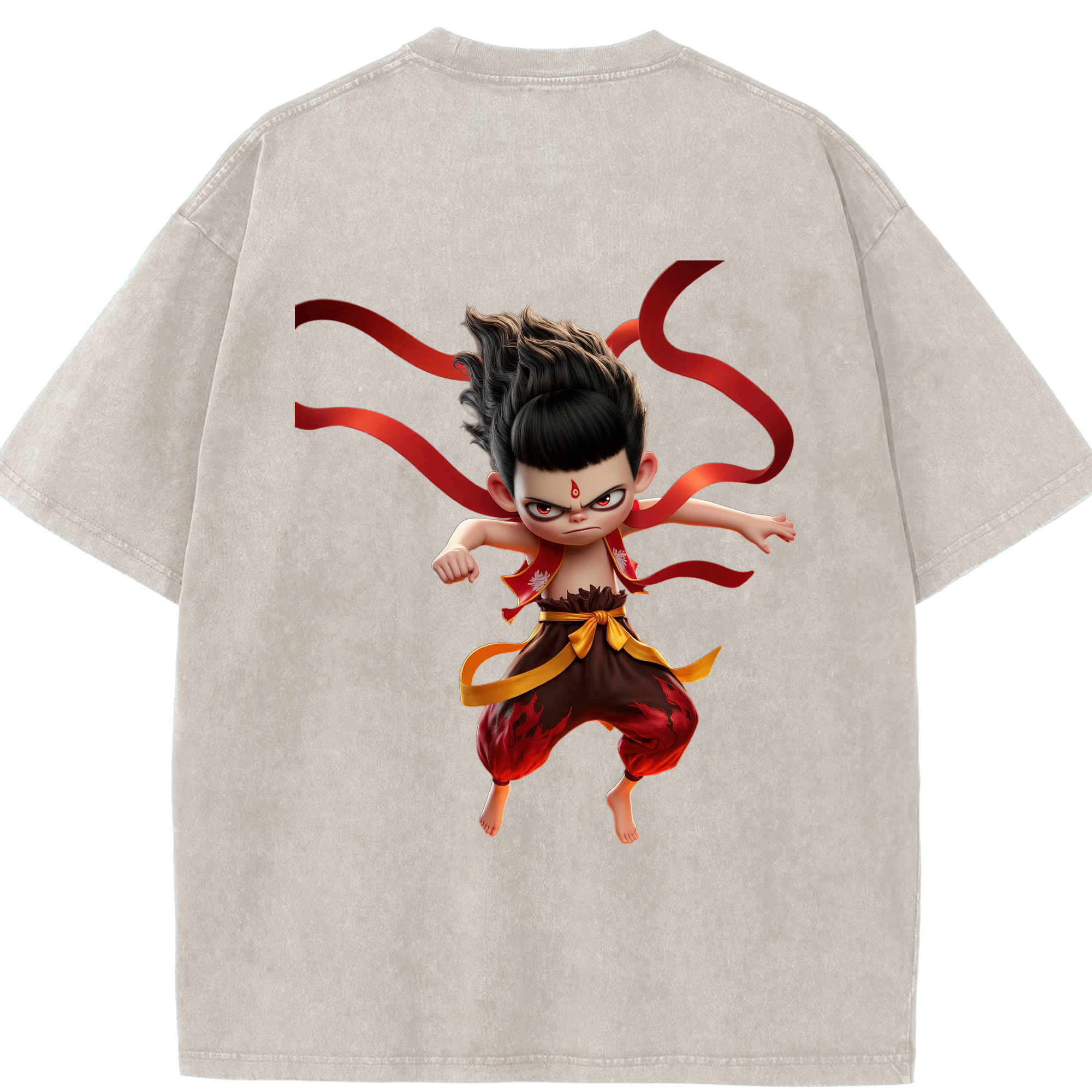 （画像用） Ne Zha 2 ナタ 魔童の大暴れ 綿100% ヴィンテージ風 半袖Tシャツ（背面プリント）
