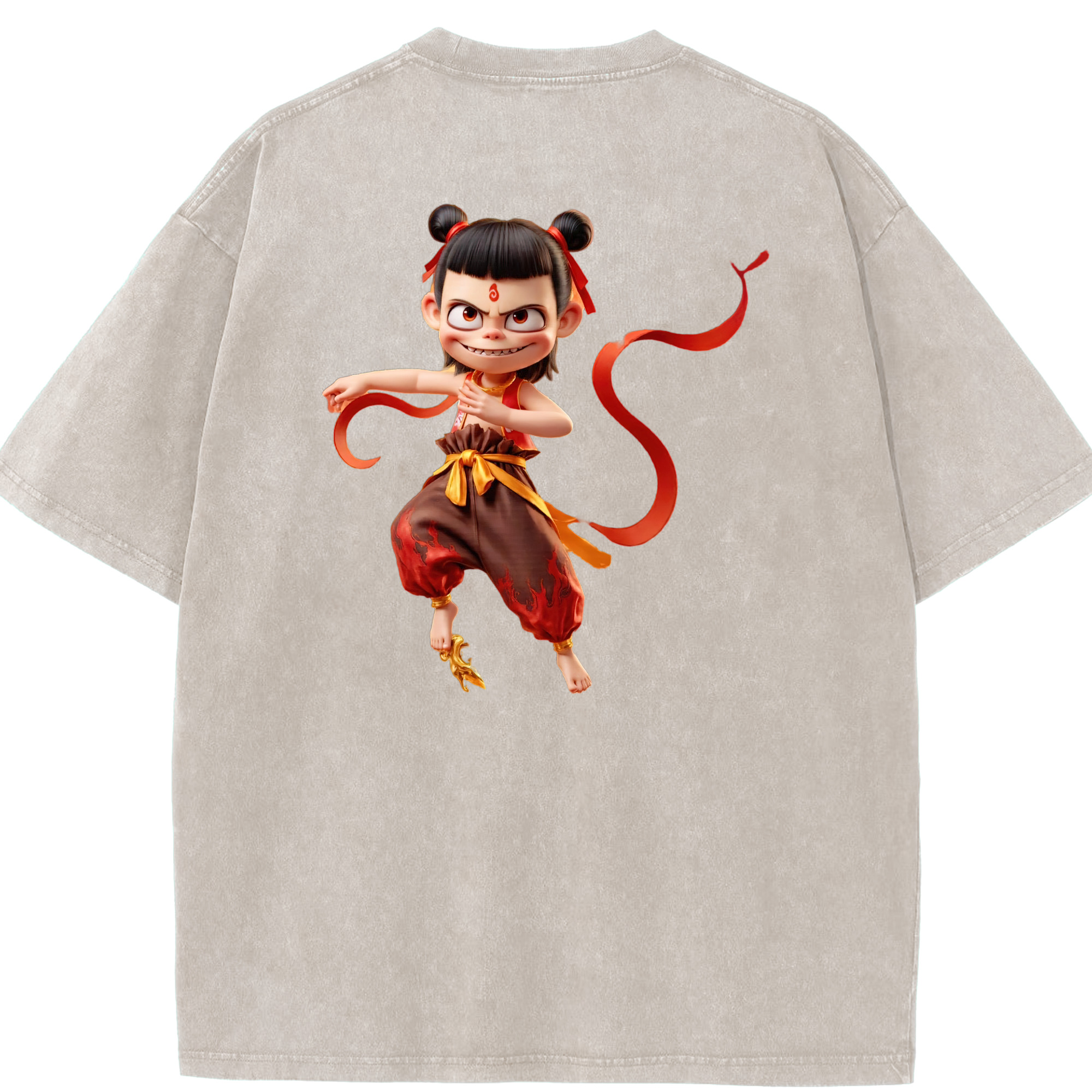 （画像用） Ne Zha 2 ナタ 魔童の大暴れ 綿100% ヴィンテージ風 半袖Tシャツ（背面プリント）