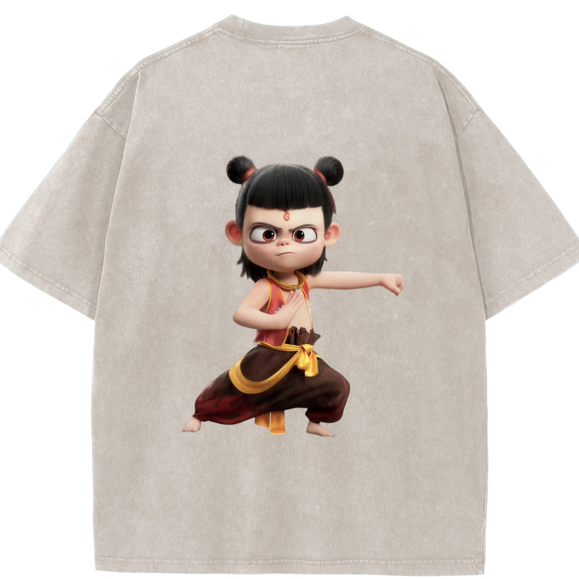 （画像用） Ne Zha 2 ナタ 魔童の大暴れ 綿100% ヴィンテージ風 半袖Tシャツ（背面プリント）