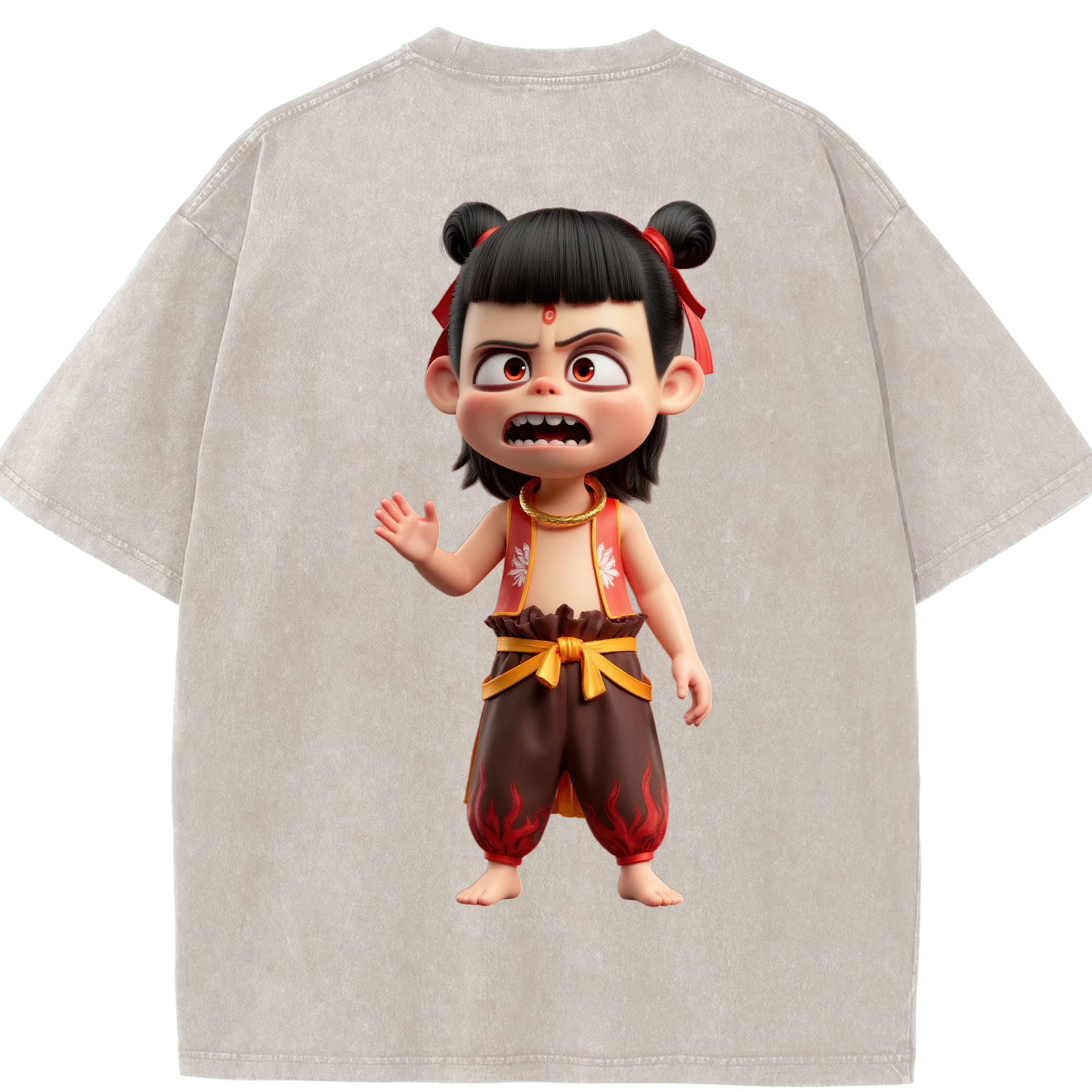 （画像用） Ne Zha 2 ナタ 魔童の大暴れ 綿100% ヴィンテージ風 半袖Tシャツ（背面プリント）