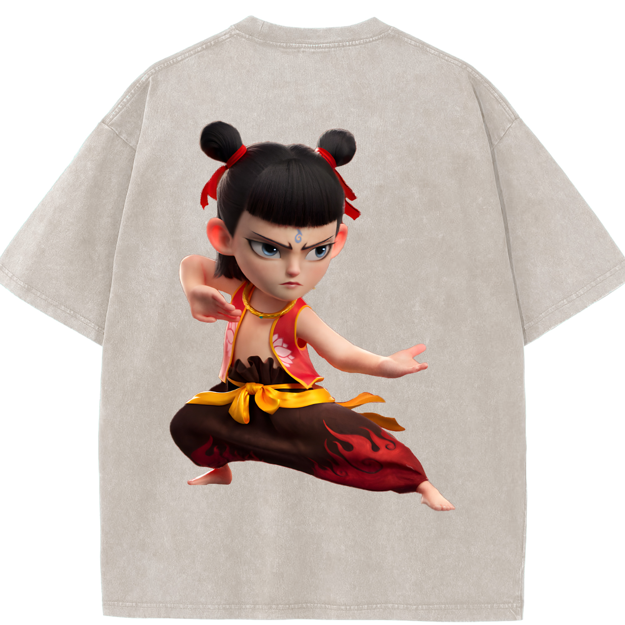 （画像用） Ne Zha 2 ナタ 魔童の大暴れ 綿100% ヴィンテージ風 半袖Tシャツ（背面プリント）