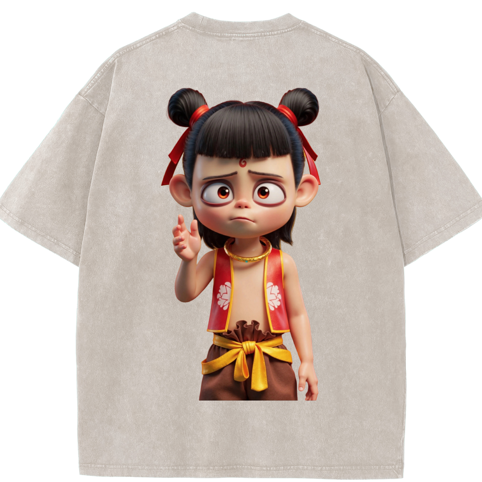 （画像用） Ne Zha 2 ナタ 魔童の大暴れ 綿100% ヴィンテージ風 半袖Tシャツ（背面プリント）